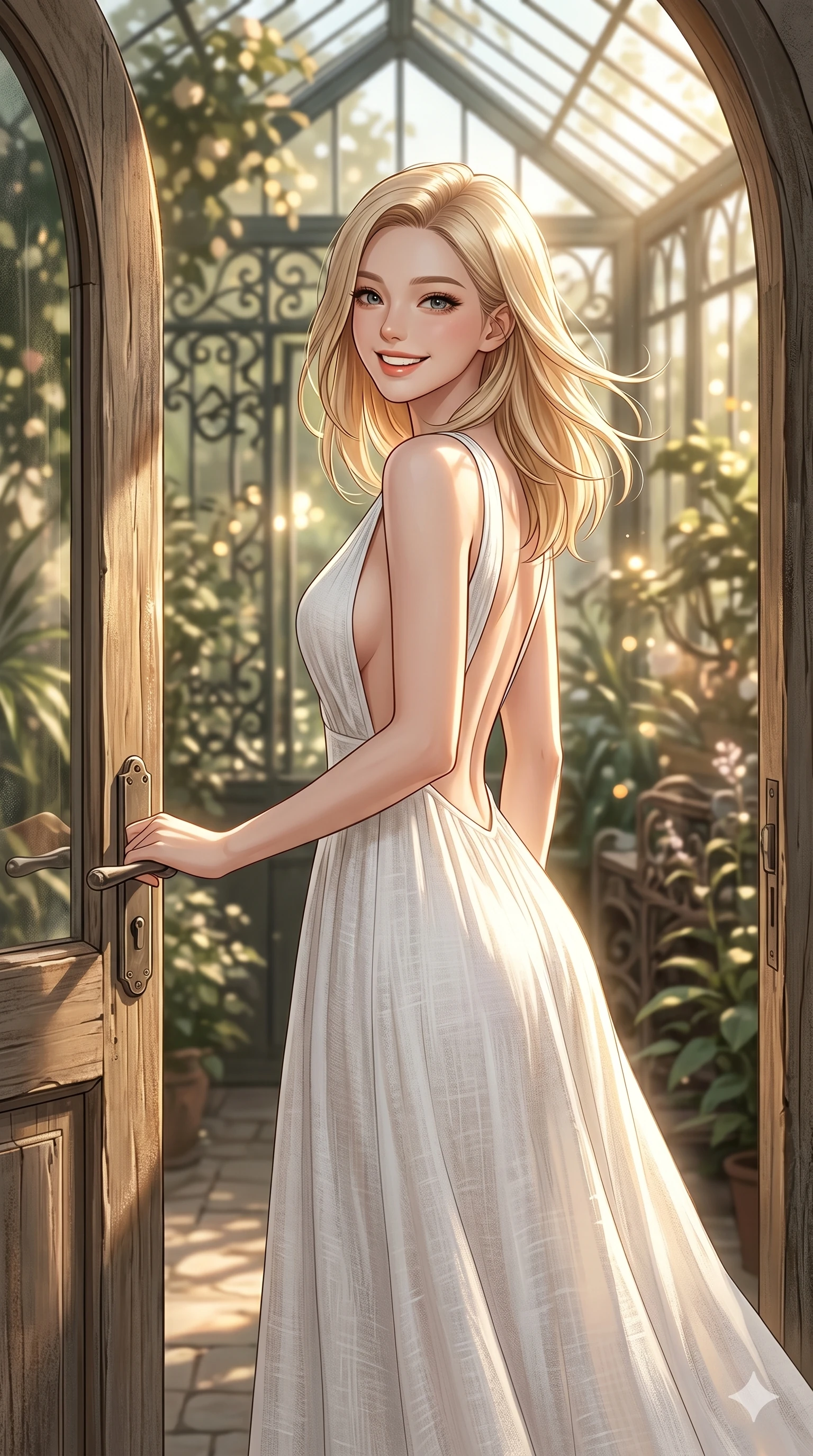 score_9, masterpiece, best quality, ultra-detailed, high-budget anime keyframe, editorial fashion photography, tasteful artistic composition, Korean woman. cowboy shot from the thighs up, character and outfit filling the frame for maximum editorial presence. holding the door handle, looking back with a bright, happy grin standing by an arched wooden door leading to a sunlit garden conservatory. She has an absolutely perfect 8-heads proportion, an exceptionally tall and slender female figure with impossibly long slender legs and an ultra-slim waist. V-shaped jawline, high-bridge nose, intricate jewel-like eyes with depth, thick eyelashes, glossy lips with a natural sheen. wearing a lightweight white linen dress with a deep plunging V-neck and open back. drenched in direct, bright morning sunlight casting warm golden rays on her silhouette. 2k, ultra detail, master piece, 9:16 ratio