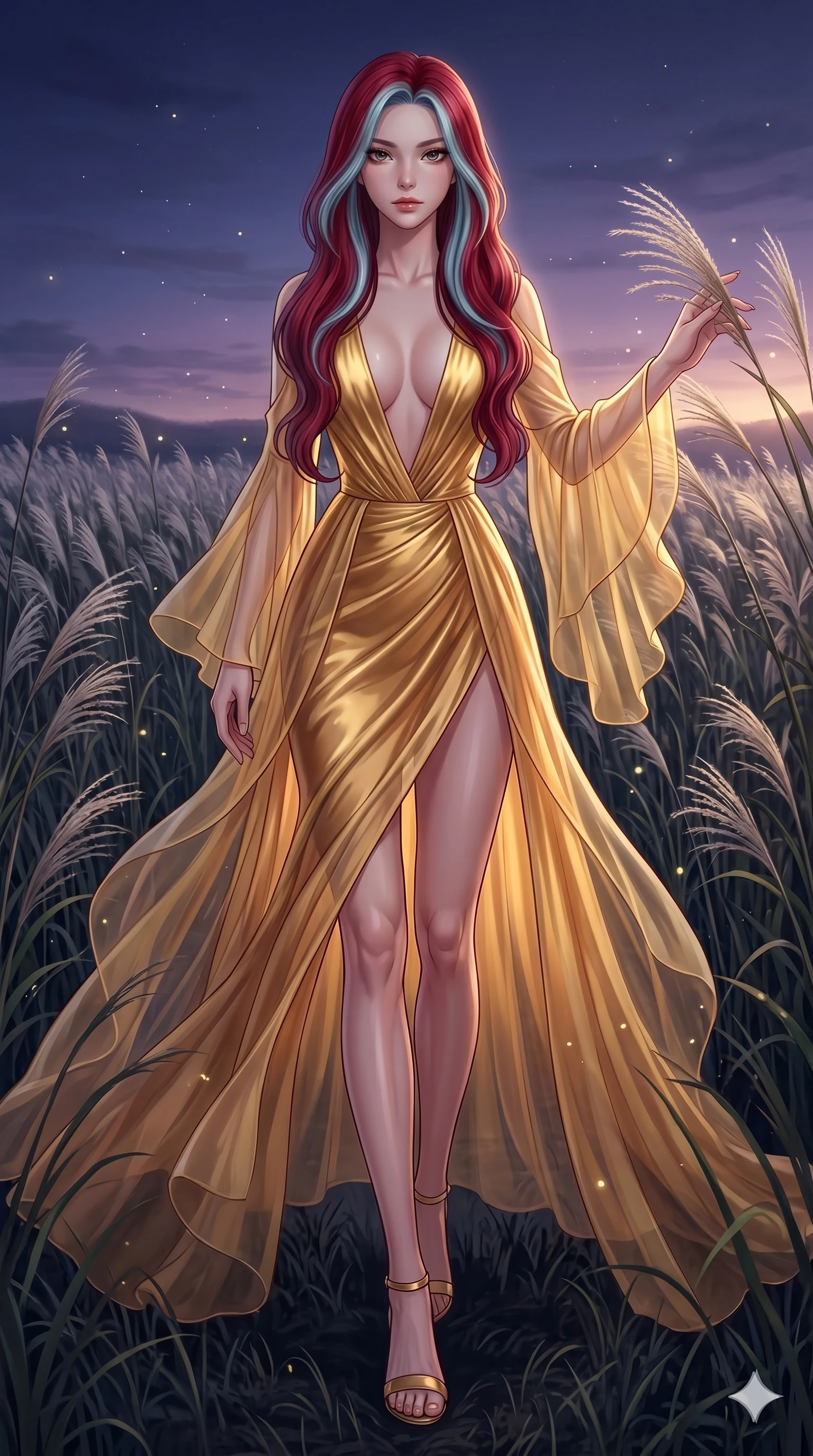 score_9, masterpiece, best quality, ultra-detailed, High-budget Anime Keyframe, East Asian woman. Dynamic full-body shot stretching the vertical silhouette to the limit. Scenario 208: Walking through a field of tall silver grass at twilight. Her presence is magnetic and overpowering in this high-budget anime scene. Outfit 208: A molten liquid silk gold with a plunging V-neckline and translucent layers. The clothing is designed to emphasize her exceptionally tall and slender 8-heads proportion. 8-heads proportion, towering silhouette, ultra-slim waist. sharp v-shaped jawline, intricate jewel-like eyes with depth, thick eyelashes, glossy lips. 2k, ultra detail, master piece, 9:16 ratio