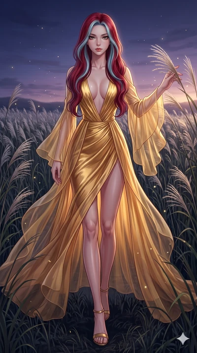 score_9, masterpiece, best quality, ultra-detailed, High-budget Anime Keyframe, East Asian woman. Dynamic full-body shot stretching the vertical silhouette to the limit. Scenario 208: Walking through a field of tall silver grass at twilight. Her pres