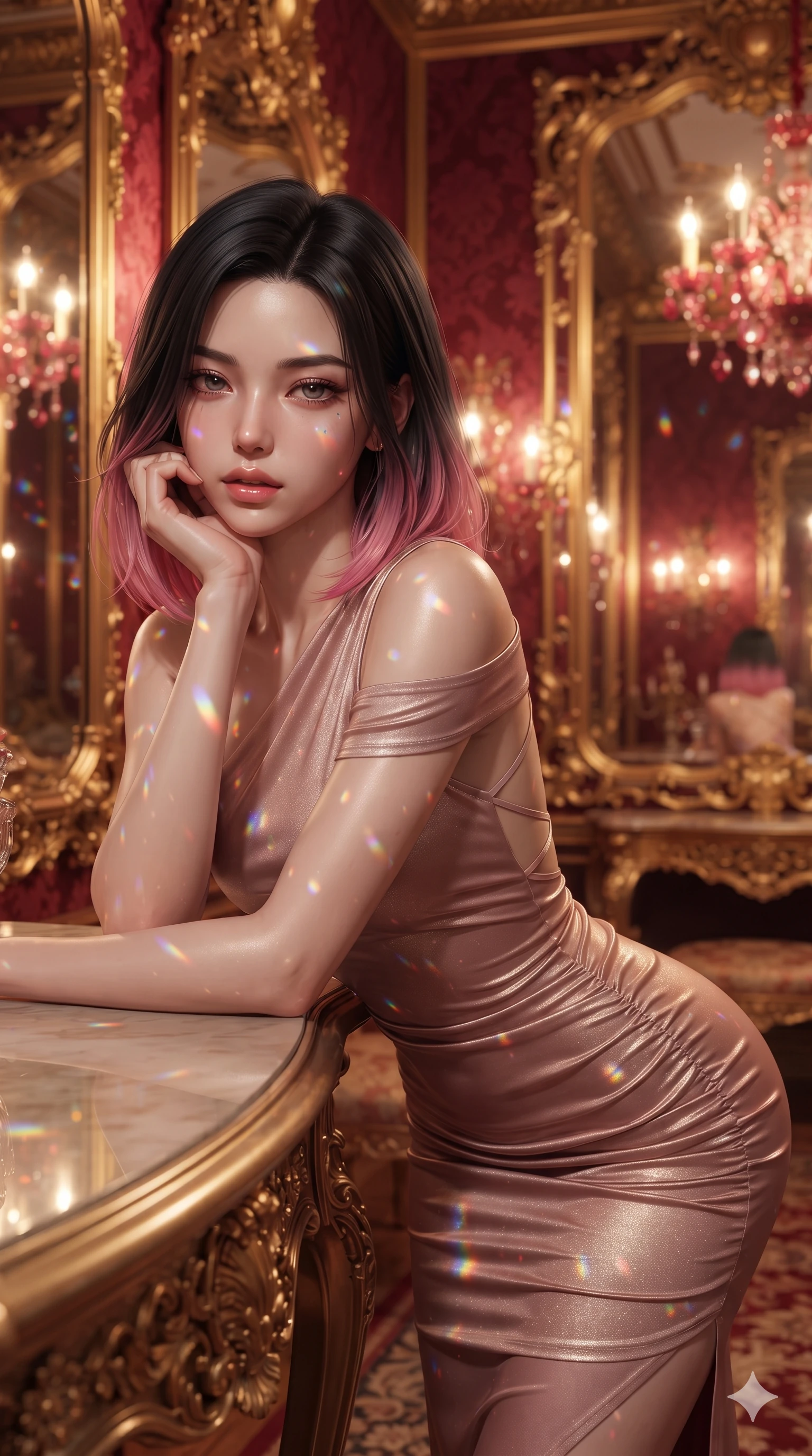 score_9, masterpiece, best quality, ultra-detailed, high-budget anime keyframe, semi-realistic 3D game render, editorial fashion photography, tasteful artistic composition, Korean woman. close-up cowboy shot from the waist and thighs up, the character dominates the composition, filling the frame with her large presence. resting one elbow on the table and supporting her chin, leaning close to the camera with heavy-lidded sparkling eyes and parted lips while standing poised before towering gold-leaf mirrors, arching her back with high-fashion anime charisma as ruby crystal prisms cast jewel-like reflections. The composition keeps background elements in soft focus with creamy bokeh: intricate crimson silk damask wall coverings, glowing Murano ruby crystal chandeliers, and gilded baroque furniture blurred into crimson, gold, and ruby bokeh. She has an exceptionally elegant, slender, and willowy female figure with an ultra-slim waist, flat toned midriff, narrow ribcage, and sculpted feminine hips creating an alluring, slim hourglass silhouette without bulk. sharp v-shaped jawline, high-bridge nose, intricate jewel-like eyes with depth, thick eyelashes, glossy parted lips with a natural sheen, intensely captivating and seductive bedroom-eyes expression, flawlessly proportioned anatomical accuracy, strict slender model proportions, natural body alignment, perfectly sculpted long slender limbs, ultra-slim waistline, clean dynamic posture without body distortion. wearing a form-contouring cocktail dress with an asymmetrical open shoulder and hip-defining ruching in dusky blush rose and champagne shimmer, tailored from liquid silk jersey adhering flawlessly to her slender build, finished with criss-cross back satin straps highlighting her graceful shoulder blades, the bespoke structured tailoring following the natural line of her 8.5-heads silhouette with refined elegance. illuminated by warm 2400K Murano chandelier ruby-amber glow mixed with soft gilded mirror bounce. highly saturated vibrant anime colors, detailed shading with soft gradients, rich glossy textures, high-contrast stereoscopic depth, volumetric dynamic lighting, master piece, 9:16 ratio