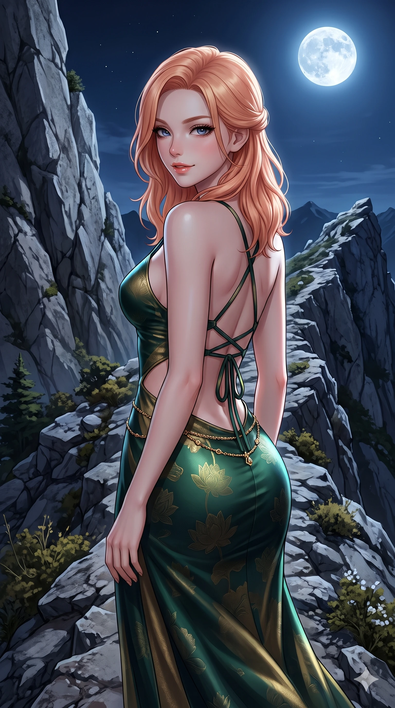 score_9, masterpiece, best quality, ultra-detailed, high-budget anime keyframe, semi-realistic 3D game render, editorial fashion photography, tasteful artistic composition, Japanese woman. close-up cowboy shot from the waist and thighs up, the character dominates the composition, filling the frame with her large presence. posing in an alluring rear three-quarter angle, looking over a bare shoulder with parted glossy lips, her hips cocked back to highlight her slim hourglass curve while walking slowly along the narrow rock ridge with feline poise, hips swaying in an alluring sensual rhythm that accentuates her curvy silhouette. The surrounding environment is rendered in vivid detail and crisp panoramic clarity: detailed liquid metallic lamé plunge jumpsuit cling, side cutouts, and pristine mountain geology in razor-sharp clarity. She has an exceptionally elegant, slender, and willowy female figure with an ultra-slim waist, flat toned midriff, narrow ribcage, and sculpted feminine hips creating an alluring, slim hourglass silhouette without bulk. sharp v-shaped jawline, high-bridge nose, sparkling eyes with hypnotic seductive depth, thick curled eyelashes, glossy parted lips with a natural dewy peach sheen, alluring bedroom-eyes with an enchanting coquettish smile, exuding magnetic siren charisma and sophisticated glamour, flawlessly proportioned anatomical accuracy, strict slender model proportions, natural body alignment, perfectly sculpted long slender limbs, ultra-slim waistline, clean dynamic posture without body distortion. wearing a slinky deep sweetheart-neckline silk slip gown with criss-cross back otgoreum ribbon ties in dark emerald forest and brushed antique gold, tailored from rich silk jacquard with subtle embossed lotus blossom patterns, finished with a dainty gold belly chain resting across her flat midriff and curving hips, the impeccably tailored cut draping gracefully along her slender figure with aristocratic eastern poise. bathed in crisp, unhindered 6000K mountain full-moon light casting dramatic razor-sharp shadows across the rock face. highly saturated vibrant anime colors, detailed shading with soft gradients, rich glossy textures, high-contrast stereoscopic depth, volumetric dynamic lighting, master piece, 9:16 ratio