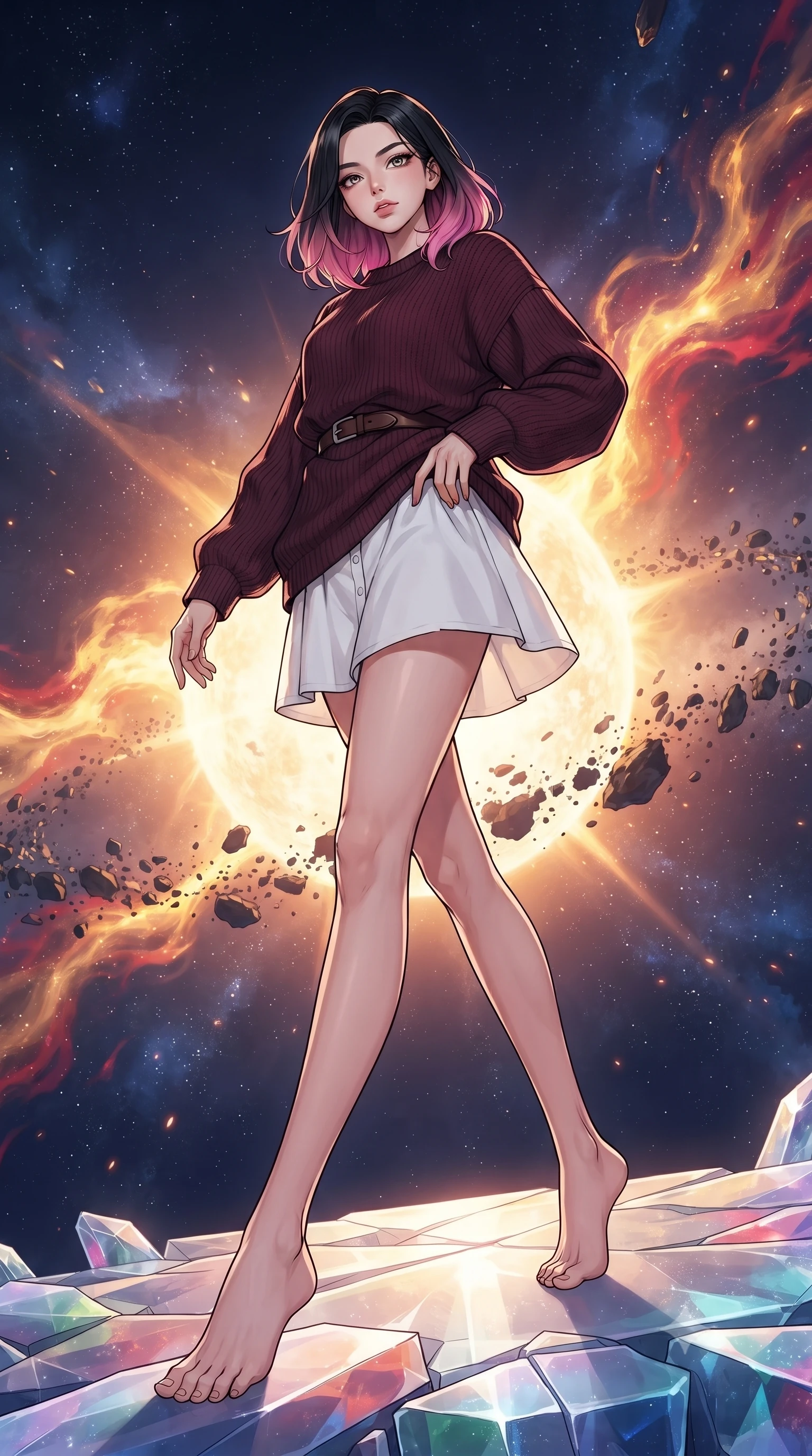 score_9, masterpiece, best quality, ultra-detailed, high-budget anime keyframe, gorgeous anime illustration, with clean line-art and distinct ink outlines, Korean woman. low angle full-body shot from head to toe showing her feet, filling the entire 9:16 vertical frame with her statuesque presence, stretching her vertical silhouette. navigating with fluid motion through on a platform made of solid crystallized light floating at the edge of a dying star, waves of gold and crimson stellar fire rippling through the void, cosmic debris orbiting the blinding core. She has a statuesque 8.5-heads proportion, an exceptionally tall, slender and willowy model-like build with impossibly long legs and a highly sculpted ultra-slim waist. sharp v-shaped jawline, high-bridge nose, intricate jewel-like eyes with depth, thick eyelashes, glossy lips with a natural sheen. wearing a dark burgundy knit sweater with a relaxed fit, paired with a white cotton poplin skirt and a leather belt. intense, dramatic warm golden-orange key light from the supernova flare contrasted with deep blue-violet space shadows. 2k, ultra detail, master piece, 9:16 ratio, vibrant anime color palette, detailed cel-shading with soft gradients, rich contrast, dynamic lighting, 2d animation style