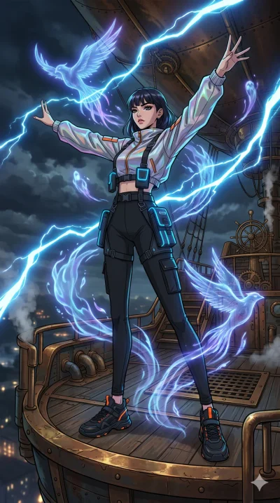 score_9, masterpiece, best quality, ultra-detailed, high-budget anime movie keyframe, cinematic anime lighting, intricate line art, Japanese woman. Dynamic full-body shot stretching the vertical silhouette across the 9:16 frame. summoning mystical sp