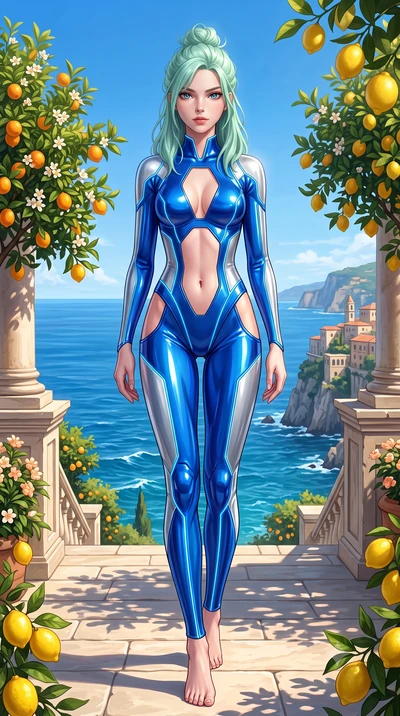 score_9, masterpiece, best quality, ultra-detailed, high-budget anime keyframe, semi-realistic 3D game render, editorial fashion photography, tasteful artistic composition, Japanese woman. low angle full-body shot from head to toe showing her feet, f