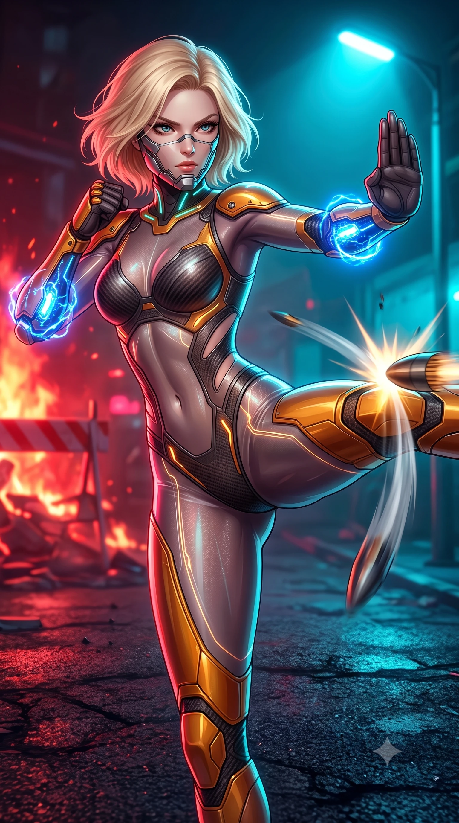 score_9, masterpiece, best quality, ultra-detailed, high-budget anime keyframe, semi-realistic 3D game render, editorial fashion photography, tasteful artistic composition, Caucasian woman. close-up cowboy shot from the waist and thighs up, the character dominates the composition, filling the frame with her large presence. twisting her upper body in a dynamic S-curve martial arts stance, cybernetic elbow dampers glowing with blue energy as she aims a focused palm strike while delivering a sweeping roundhouse kick that deflects an incoming kinetic projectile with thunderous impact. The surrounding environment is rendered in vivid detail and crisp panoramic clarity. sharp goggle lens reflections, glowing neon circuit channels along armor, and charred asphalt grain in deep focus. She has an exceptionally elegant, slender, and willowy female figure with an ultra-slim waist, a gracefully sculpted slender torso, toned flat midriff, and a refined slim silhouette. sharp v-shaped jawline, high-bridge nose, intricate jewel-like eyes with depth, thick eyelashes, glossy lips with a natural sheen, fierce and resolute heroine expression, flawlessly proportioned anatomical accuracy, strict slender model proportions, natural body alignment, perfectly sculpted long slender limbs, ultra-slim waistline, clean dynamic posture without body distortion. wearing a sleek titanium half-face combat rebreather guard protecting her lower jaw while leaving her expressive eyes and long hair flowing freely, paired with a form-contouring high-mobility battle-suit featuring sculpted carbon chest plating, diagonal midriff ventilation cutouts, and kinetic knee vambraces in molten amber-gold carbon cuirass with dark gunmetal weave, crafted from semi-translucent cybernetic carbon-vinyl interwoven with glowing micro-filaments, featuring a sleek aerodynamic collar framed by subtle glowing cybernetic status LEDs, the form-contouring material adhering flawlessly to her sculpted flat midriff and slender torso, emphasizing her long leg lines and perfectly proportioned willowy build. bathed in blazing crimson barricade fire glow and high-contrast electric cyan streetlamp rim lights. rich saturated anime colors with glowing neon highlights, detailed shading with soft gradients, rich glossy textures, high-contrast stereoscopic depth, volumetric dynamic lighting, master piece, 9:16 ratio