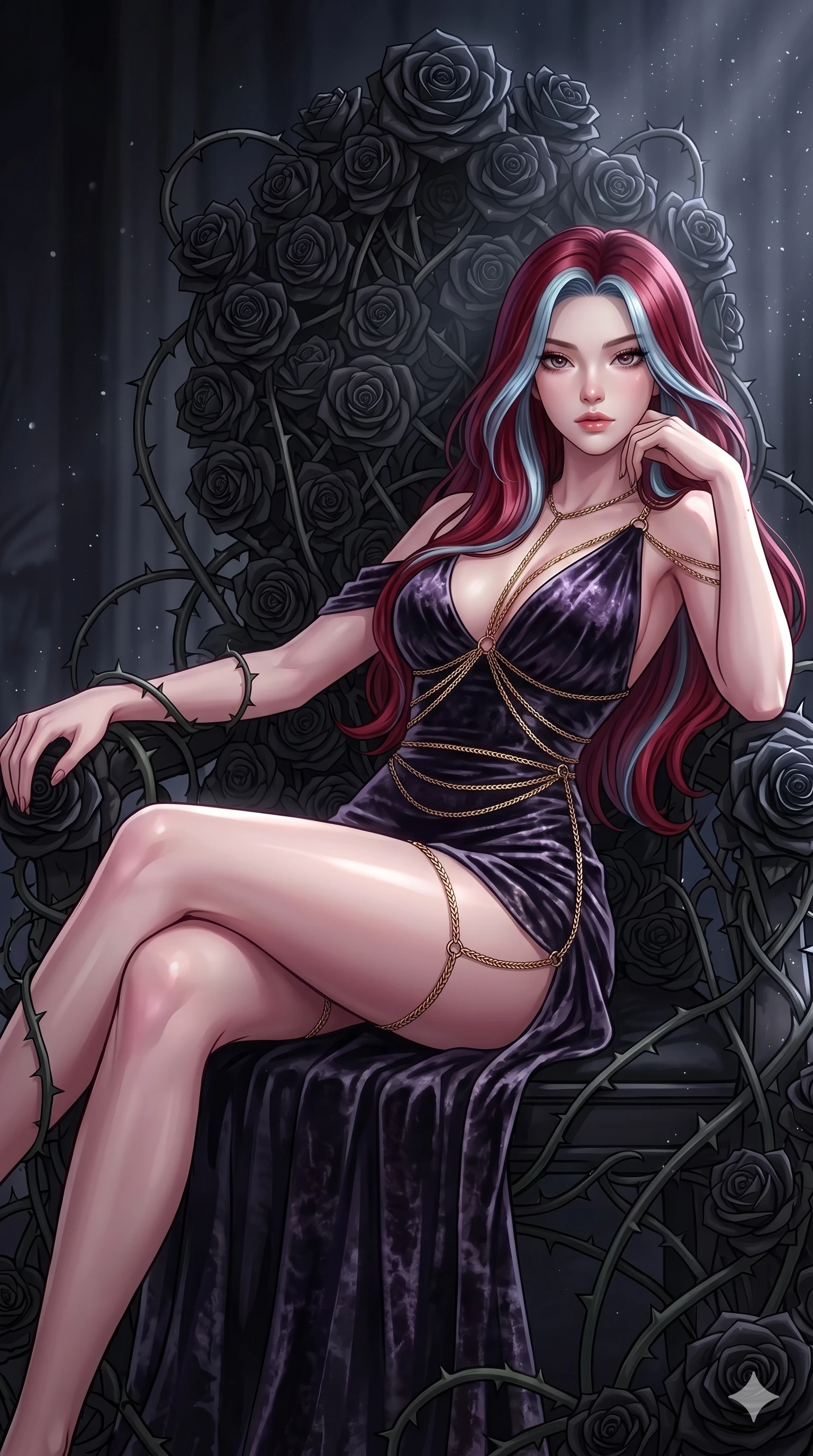 score_9, masterpiece, best quality, ultra-detailed, High-budget Anime Keyframe, East Asian woman. Dynamic full-body shot stretching the vertical silhouette to the limit. Scenario 220: Resting on a throne of black roses, thorns grazing her skin. Her presence is magnetic and overpowering in this high-budget anime scene. Outfit 220: A crushed dark velvet garter with a low-cut shoulder and fine gold chains. The clothing is designed to emphasize her exceptionally tall and slender 8-heads proportion. 8-heads proportion, towering silhouette, ultra-slim waist. sharp v-shaped jawline, intricate jewel-like eyes with depth, thick eyelashes, glossy lips. 2k, ultra detail, master piece, 9:16 ratio