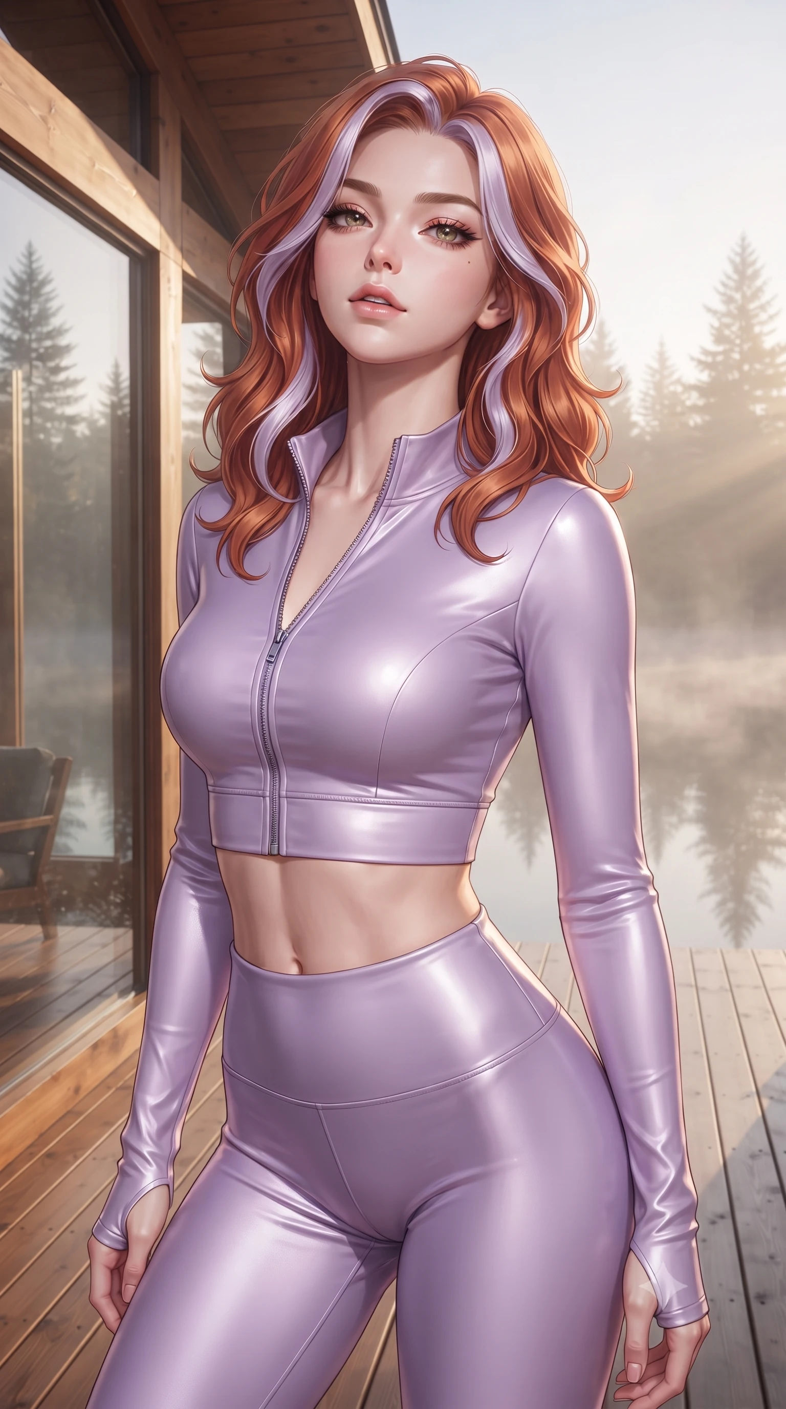 score_9, masterpiece, best quality, ultra-detailed, high-budget anime keyframe, editorial fashion photography, tasteful artistic composition, Caucasian woman. close-up cowboy shot from the waist and thighs up, the character dominates the composition, filling the frame with her large presence, background elements kept in soft focus. tilting her chin up slightly with lips parted in a composed, provocative expression the background shows a soft-focus a glamping veranda overlooking a misty lake at dawn with pine trees in soft focus. She has an exceptionally elegant, slender, and willowy female figure with an ultra-slim waist, a gracefully sculpted slender torso, and a refined silhouette. sharp v-shaped jawline, high-bridge nose, intricate jewel-like eyes with depth, thick eyelashes, glossy lips with a natural sheen. wearing a tailored body-hugging activewear set of a tailored zip-up long-sleeve crop top and matching high-waisted leggings in soft lavender. soft morning mist diffusing the warm sunbeams, creating a tranquil atmosphere. ultra-reflective glossy finish, specular highlights, metallic sheen, high-contrast stereoscopic depth, volumetric dynamic lighting, 2k, ultra detail, master piece, 9:16 ratio