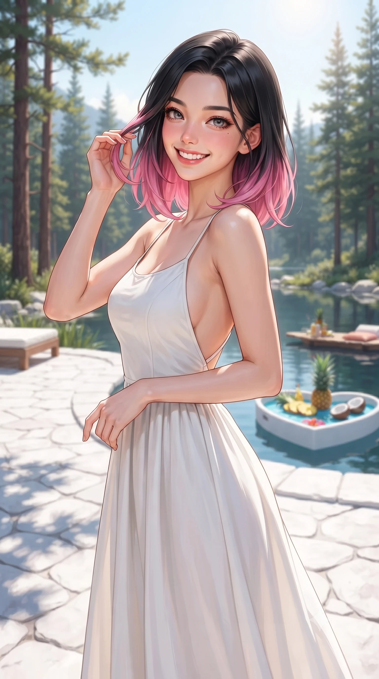 score_9, masterpiece, best quality, ultra-detailed, high-budget anime keyframe, editorial fashion photography, tasteful artistic composition, Korean woman. close-up cowboy shot from the waist and thighs up, the character dominates the composition, filling the frame with her large presence, background elements kept in soft focus. flashing an intoxicating, sunny grin while brushing a strand of hair away from her face set against a soft-focus background of on a cozy glamping deck surrounded by tall pine trees and a quiet mountain lake with a small pool tray floating on the water with tropical snacks. She has an exceptionally elegant, slender, and willowy female figure with an ultra-slim waist, a gracefully sculpted slender torso, and a refined silhouette. sharp v-shaped jawline, high-bridge nose, intricate jewel-like eyes with depth, thick eyelashes, glossy lips with a natural sheen. wearing form-contouring backless cotton sundress in white, featuring delicate straps and a long flowing skirt. bright midday sun casting crisp, clean shadows on the white stone deck. highly saturated vibrant anime colors, detailed shading with soft gradients, rich glossy textures, high-contrast stereoscopic depth, volumetric dynamic lighting, master piece, 9:16 ratio