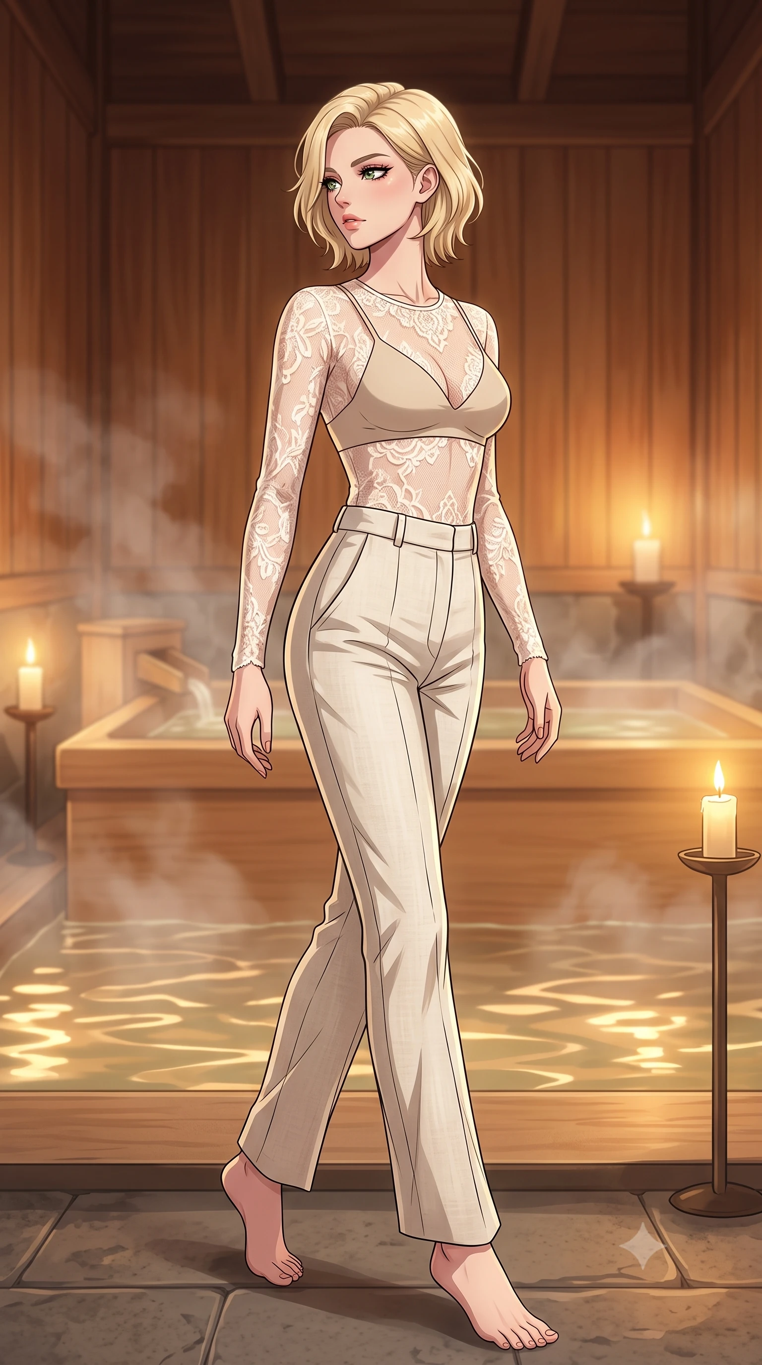 score_9, masterpiece, best quality, ultra-detailed, high-budget anime keyframe, tasteful artistic composition, Caucasian woman. low angle full-body shot from head to toe showing her feet, filling the entire 9:16 vertical frame with her statuesque presence, stretching her vertical silhouette. stepping gracefully while looking back over her shoulder, her dress draped tightly to reveal her silhouette the background shows a soft-focus an intimate traditional bath chamber built of cypress wood (hinoki) with rising steam. She has an absolutely perfect, statuesque 8.5-heads proportion, an exceptionally tall and slender model-like female figure with impossibly long slender legs and an ultra-slim waist. sharp v-shaped jawline, high-bridge nose, intricate jewel-like eyes with depth, thick eyelashes, glossy lips with a natural sheen. wearing a body-hugging sheer lace blouse in ivory white, worn over a simple beige bralette and high-waisted linen trousers. warm candle stands casting a soft golden glow onto the water surface. highly saturated vibrant anime colors, cel-shading, 2d style, master piece, 9:16 ratio