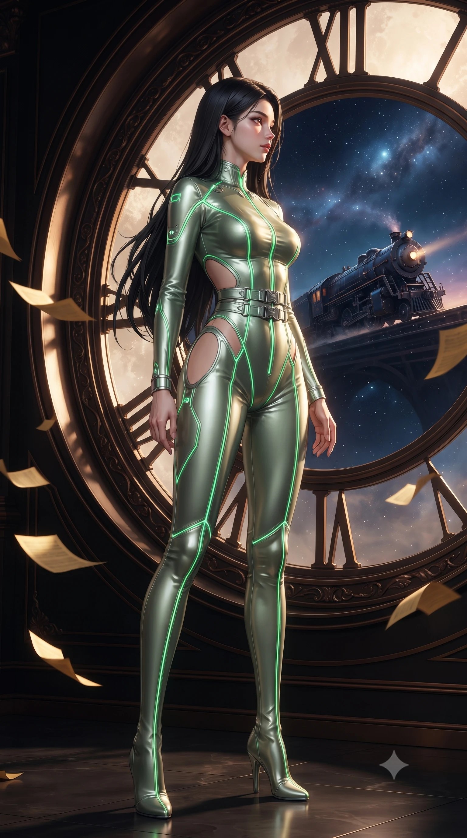 score_9, masterpiece, best quality, ultra-detailed, high-budget anime keyframe, editorial fashion photography, tasteful artistic composition, Korean woman. low angle full-body shot from head to toe showing her feet, filling the entire 9:16 vertical frame with her statuesque presence, stretching her vertical silhouette. forging dynamically through the scene, her vertical silhouette beautifully stretched gazing out a massive circular clock window at a twilight galaxy express train, golden paper pages fluttering gently around her in a magical breeze. She has an absolutely perfect, statuesque 8.5-heads proportion, an exceptionally tall and slender model-like female figure with impossibly long slender legs and an ultra-slim waist. sharp v-shaped jawline, high-bridge nose, intricate jewel-like eyes with depth, thick eyelashes, glossy lips with a natural sheen. wearing a skin-tight cybernetic bodysuit with glowing neon seams and side cutouts in sage green and oatmeal, crafted from lustrous satin jersey with fluid draping, detailed with polished silver buckles along the waistline, the tailored fabric tightly following every curve of her athletic build. surrounded by warm hearth light and dramatic bronze rim highlights. ultra-reflective glossy finish, specular highlights, metallic sheen, high-contrast stereoscopic depth, volumetric dynamic lighting, 2k, ultra detail, master piece, 9:16 ratio