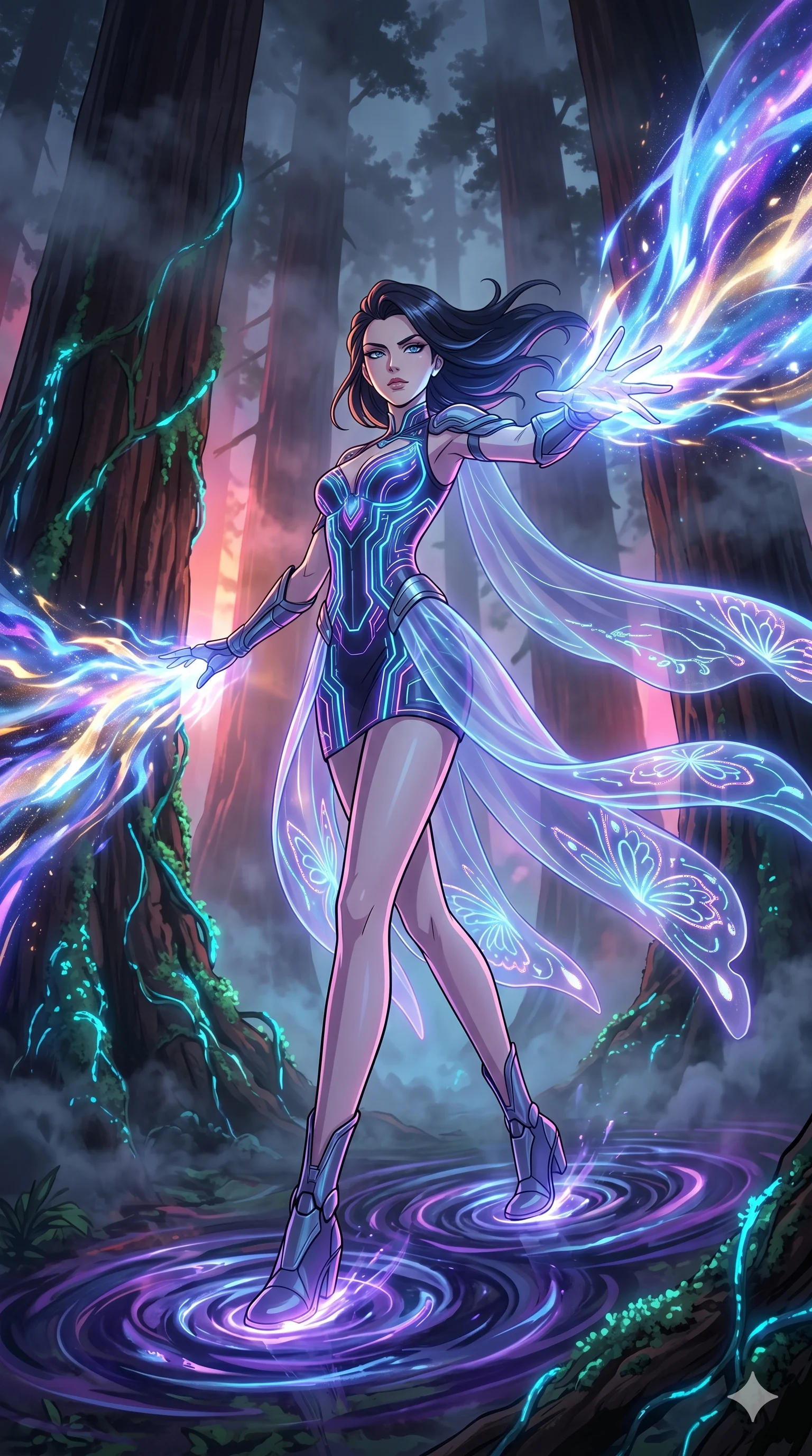 score_9, masterpiece, best quality, ultra-detailed, Set A: High-budget Anime Keyframe, Caucasian (human ears) woman. Low angle cowboy shot filling the entire 9:16 frame with her statuesque presence. Theme: Abstract Cosmic. unleashing a massive energy wave in a giant redwood forest with glowing vines, as she steps on ripples of time that distort the space 51. The atmosphere is filled with heavy smog with neon flares. She has an absolutely perfect 8-heads proportion, an exceptionally tall and slender female figure with impossibly long slender legs and an ultra-slim waist. Sharp v-shaped jawline, high-bridge nose, intricate jewel-like eyes with depth, glossy lips. Wearing Cybernetic butterfly-theme dress with glowing wing-patterned silk capes. Cinematic lighting, vivid colors, dramatic shadows, 2k, ultra detail, master piece, 9:16 ratio