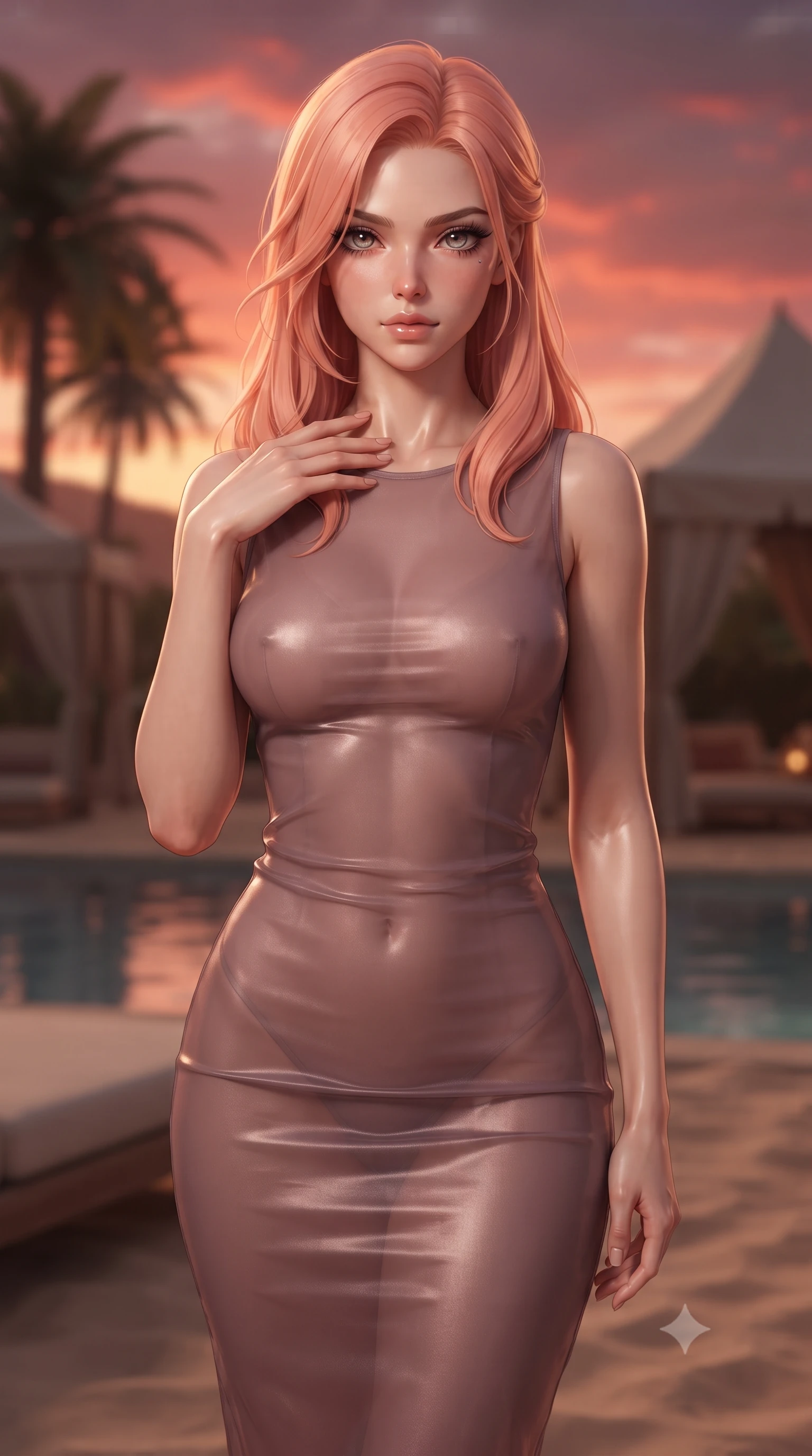 score_9, masterpiece, best quality, ultra-detailed, high-budget anime keyframe, editorial fashion photography, tasteful artistic composition, Japanese woman. close-up cowboy shot from the waist and thighs up, the character dominates the composition, filling the frame with her large presence, background elements kept in soft focus. standing with one hand resting on her collarbone, looking at the viewer with bedroom-eyes the background shows a soft-focus a luxury desert resort pool deck with palm trees and canvas tents at dusk. She has an exceptionally elegant, slender, and willowy female figure with an ultra-slim waist, a gracefully sculpted slender torso, and a refined silhouette. sharp v-shaped jawline, high-bridge nose, intricate jewel-like eyes with depth, thick eyelashes, glossy lips with a natural sheen. wearing a body-hugging sheer organza dress in dusty mauve, showing her slender torso and willowy silhouette. the warm red and orange sunset sky casting a dramatic glow over the sands. ultra-reflective glossy finish, specular highlights, metallic sheen, high-contrast stereoscopic depth, volumetric dynamic lighting, 2k, ultra detail, master piece, 9:16 ratio