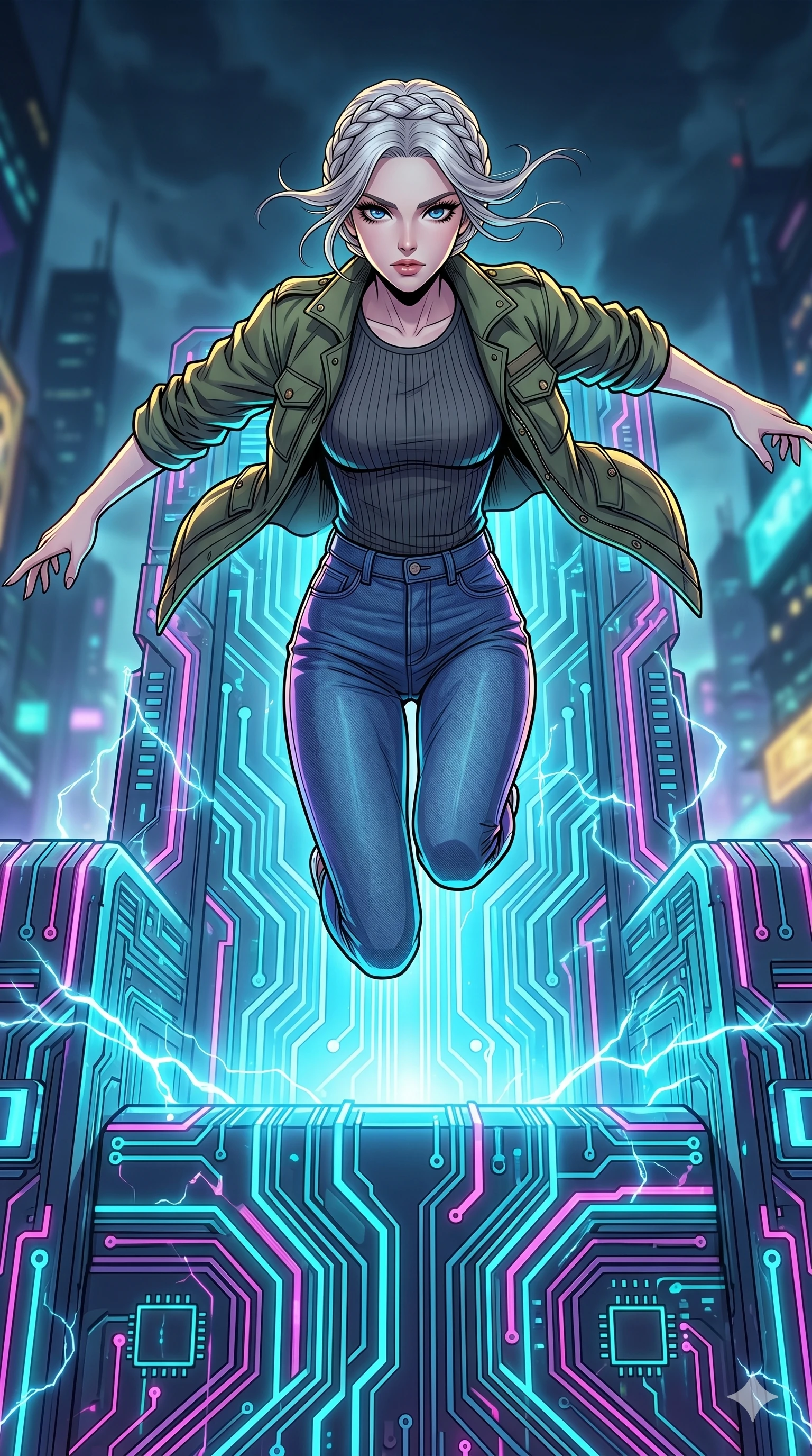 score_9, masterpiece, best quality, ultra-detailed, high-budget anime movie keyframe, cinematic anime lighting, intricate line art, Caucasian (strictly human ears) woman. Dynamic full-body shot stretching the vertical silhouette with extreme perspective. leaping over a giant logic-board throne as it pulses with power. She has an graceful and slender female figure with elegant proportions. strictly human anatomy, two legs only, no extra limbs, clearly defined legs and arms, well-defined anatomy, perfect hands and fingers. sharp v-shaped jawline, high-bridge nose, intricate jewel-like eyes, thick eyelashes, glossy lips. Wearing Urban Trendsetter: Stylish urban outfit with a fitted top, high-waist denim, and a trendy jacket. The scene is illuminated by dramatic atmospheric lighting and vibrant color palettes. , 2k, ultra detail, master piece, 9:16 ratio