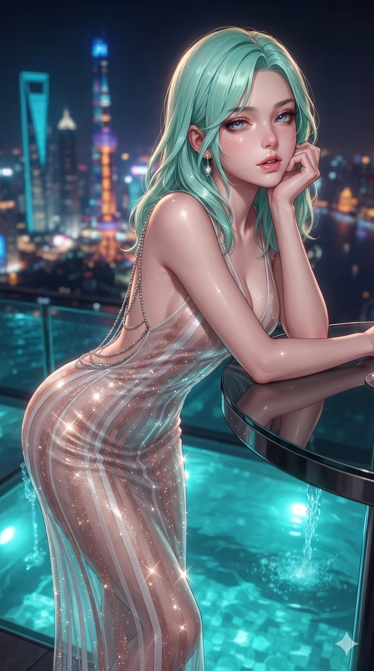 score_9, masterpiece, best quality, ultra-detailed, high-budget anime keyframe, editorial fashion photography, tasteful artistic composition, Japanese woman. close-up cowboy shot from the waist and thighs up, the character dominates the composition, filling the frame with her large presence. resting one elbow on the table and supporting her chin, leaning close to the camera with heavy-lidded sparkling eyes and parted lips while standing poised at the outer edge of the transparent glass pool, arching her lower back with sovereign supermodel grace as water spills into the night air. The background shows a soft-focus glowing turquoise water ripples over transparent acrylic, soaring neon skyscraper spires below, and distant river bends blurred into turquoise, sapphire, and amber bokeh. She has an exceptionally elegant, slender, and willowy female figure with an ultra-slim waist, flat toned midriff, narrow ribcage, and sculpted feminine hips creating an alluring, slim hourglass silhouette without bulk. sharp v-shaped jawline, high-bridge nose, intricate jewel-like sparkling eyes with depth, thick eyelashes, glossy parted lips with a natural sheen, intensely captivating and seductive bedroom-eyes expression, exuding both youthful cute charm and sovereign luxury allure, flawlessly proportioned anatomical accuracy, strict slender model proportions, natural body alignment, perfectly sculpted long slender limbs, ultra-slim waistline, clean dynamic posture without body distortion. wearing a plunge-front sheer illusion tulle slip dress with liquid platinum ribbon stripes hugging her curves in celestial porcelain white and rose-gold, woven from stretch metallic lurex jersey casting radiant starlight glints across her curves, accented with an open-back drape framed by falling strands of delicate chrome chains, the bespoke structured tailoring following the natural line of her 8.5-heads silhouette with refined elegance. bathed in the vibrant underwater turquoise illumination filtering through the glass floor mixed with warm overhead starlight. ultra-reflective glossy finish, specular highlights, rich textural contrasts, high-contrast stereoscopic depth, volumetric dynamic lighting, 2k, ultra detail, master piece, 9:16 ratio
