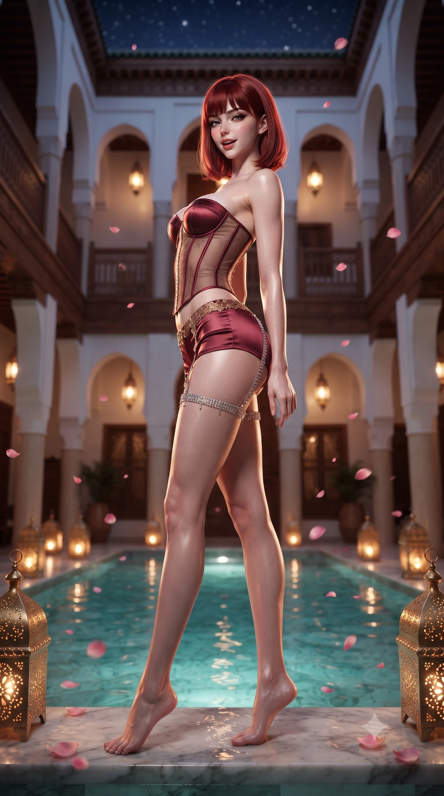 score_9, masterpiece, best quality, ultra-detailed, high-budget anime keyframe, editorial fashion photography, tasteful artistic composition, Caucasian woman. low angle full-body shot from head to toe showing her feet, filling the entire 9:16 vertical frame with her statuesque presence, stretching her vertical silhouette. executing a slow, graceful pivot turn as her skirt sways around her slender legs, glancing back with an enchanting, teasing sensual expression while standing poised on the submerged marble ledge of the courtyard pool inside the soaring three-story riad, arching her back with breathtaking siren grace as pink rose petals float around her. The background shows a soft-focus three tiers of carved cedar wood balconies surrounding the courtyard, soaring stucco horseshoe arches, and starry sky visible through the open roof blurred into cobalt, copper, and rose bokeh. She has an absolutely perfect, statuesque 8.5-heads proportion, an exceptionally tall and slender model-like female figure with impossibly long slender legs, an ultra-slim waist, a flat toned midriff, narrow delicate ribcage, and beautifully sculpted feminine hips creating a graceful, slim hourglass silhouette without any bulky heaviness. sharp v-shaped jawline, high-bridge nose, sparkling eyes with hypnotic seductive depth, thick curled eyelashes, glossy parted lips with a natural dewy peach sheen, alluring bedroom-eyes with an enchanting coquettish smile, exuding magnetic siren charisma and sophisticated glamour, flawlessly proportioned anatomical accuracy, strict slender model proportions, natural body alignment, perfectly sculpted long slender limbs, ultra-slim waistline, clean dynamic posture without body distortion. wearing a strapless boned satin corset bodice paired with low-waisted tailored satin hot-pants in Vienna imperial bordeaux and Habsburg gold, made of semi-opaque stretch illusion mesh with soft shadowy contours, finished with delicate crystal-encrusted thigh garter straps glinting in the dim light, the second-skin tailored fabric adhering flawlessly to her sculpted flat midriff and slender torso, emphasizing her long leg lines and perfectly proportioned willowy build. bathed in the warm, flickering amber glow of dozens of perforated brass floor lanterns mixed with underwater turquoise pool illumination. ultra-reflective glossy finish, specular highlights, rich textural contrasts, high-contrast stereoscopic depth, volumetric dynamic lighting, 2k, ultra detail, master piece, 9:16 ratio