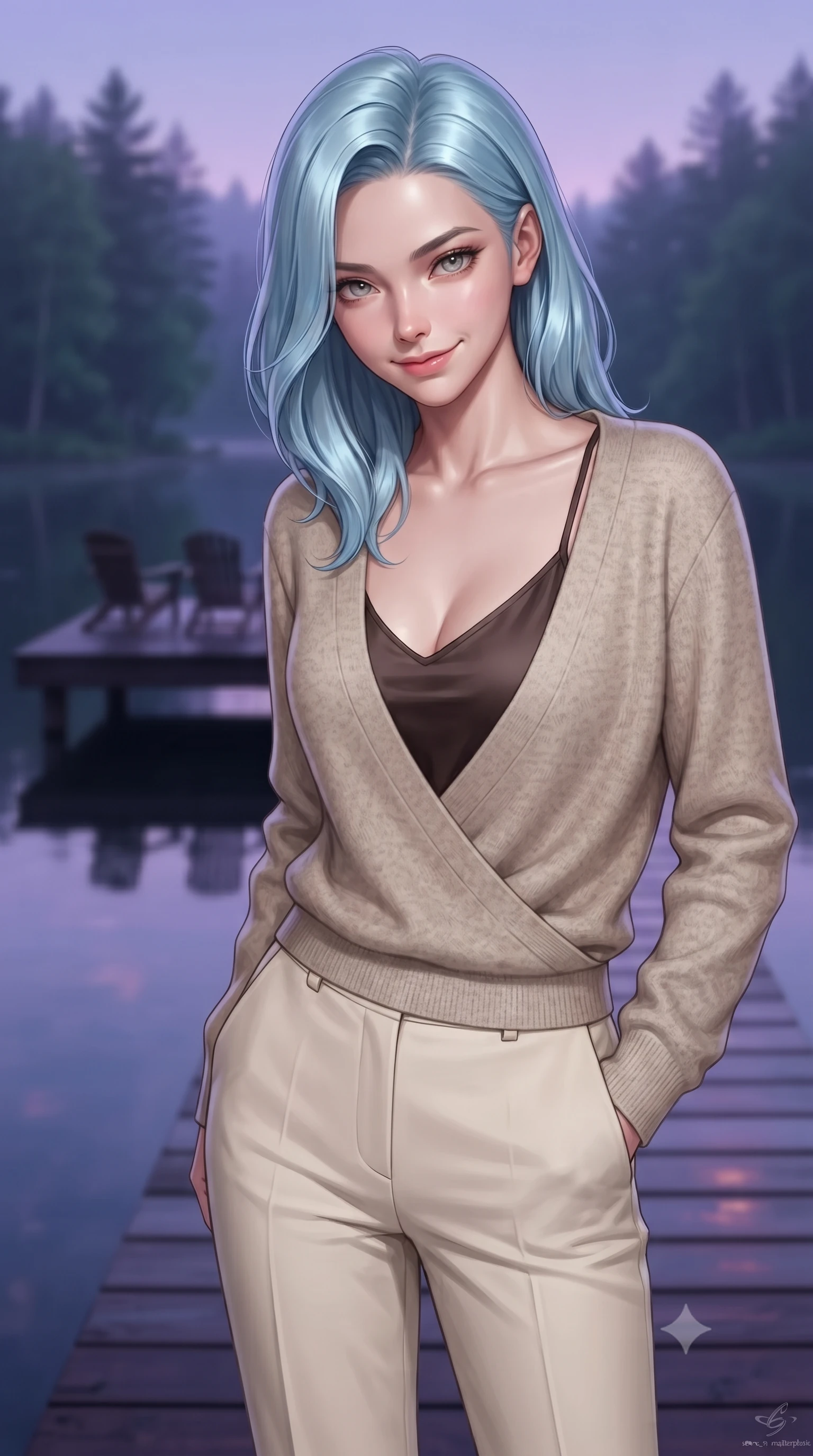 score_9, masterpiece, best quality, ultra-detailed, high-budget anime keyframe, editorial fashion photography, tasteful artistic composition, Korean woman woman. close-up cowboy shot from the waist and thighs up, the character dominates the composition, filling the frame with her large presence, background elements kept in soft focus. leaning slightly forward with a playful, teasing smile, her gaze locked onto the viewer the background shows a soft-focus a simple dark wood deck extending over a calm forest lake, with two chairs. She has an exceptionally elegant, slender, and willowy female figure with an ultra-slim waist, a gracefully sculpted slender torso, and a refined silhouette. sharp v-shaped jawline, high-bridge nose, intricate jewel-like eyes with depth, thick eyelashes, glossy lips with a natural sheen. wearing a body-hugging comfortable cashmere wrap cardigan in oatmeal color, over a dark brown silk camisole and tailored cream trousers. the serene purple and blue hues of twilight reflecting on the still water. ultra-reflective glossy finish, specular highlights, metallic sheen, high-contrast stereoscopic depth, volumetric dynamic lighting, 2k, ultra detail, master piece, 9:16 ratio