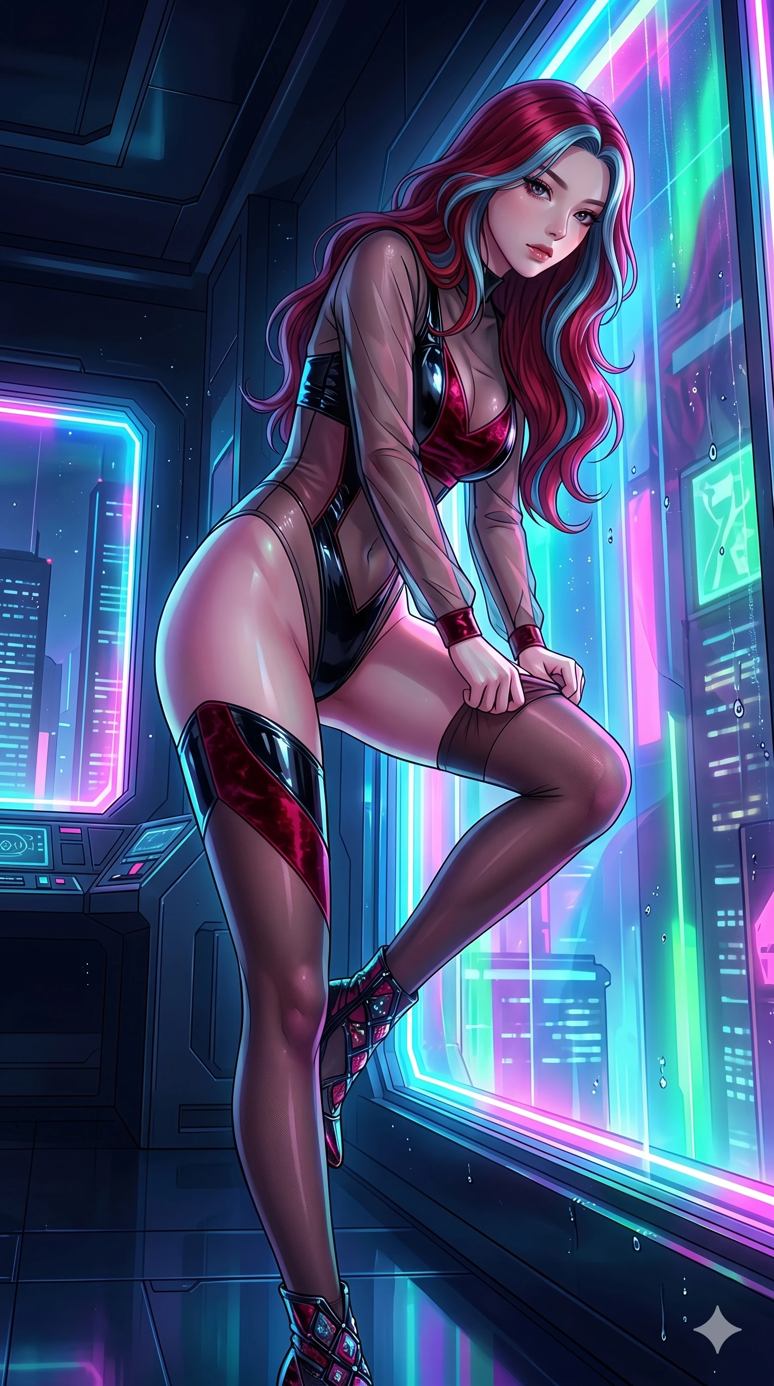 score_9, masterpiece, best quality, ultra-detailed, High-budget Anime Keyframe, East Asian woman. Low angle cowboy shot filling the entire 9:16 frame with her statuesque presence. Scenario 137: Adjusting her thigh-high stocking by a glowing neon window. Her presence is magnetic and overpowering in this high-budget anime scene. Outfit 137: A sheer organza long with a high-cut leg line and wet-look texture. The clothing is designed to emphasize her exceptionally tall and slender 8-heads proportion. 8-heads proportion, towering silhouette, ultra-slim waist. sharp v-shaped jawline, intricate jewel-like eyes with depth, thick eyelashes, glossy lips. 2k, ultra detail, master piece, 9:16 ratio