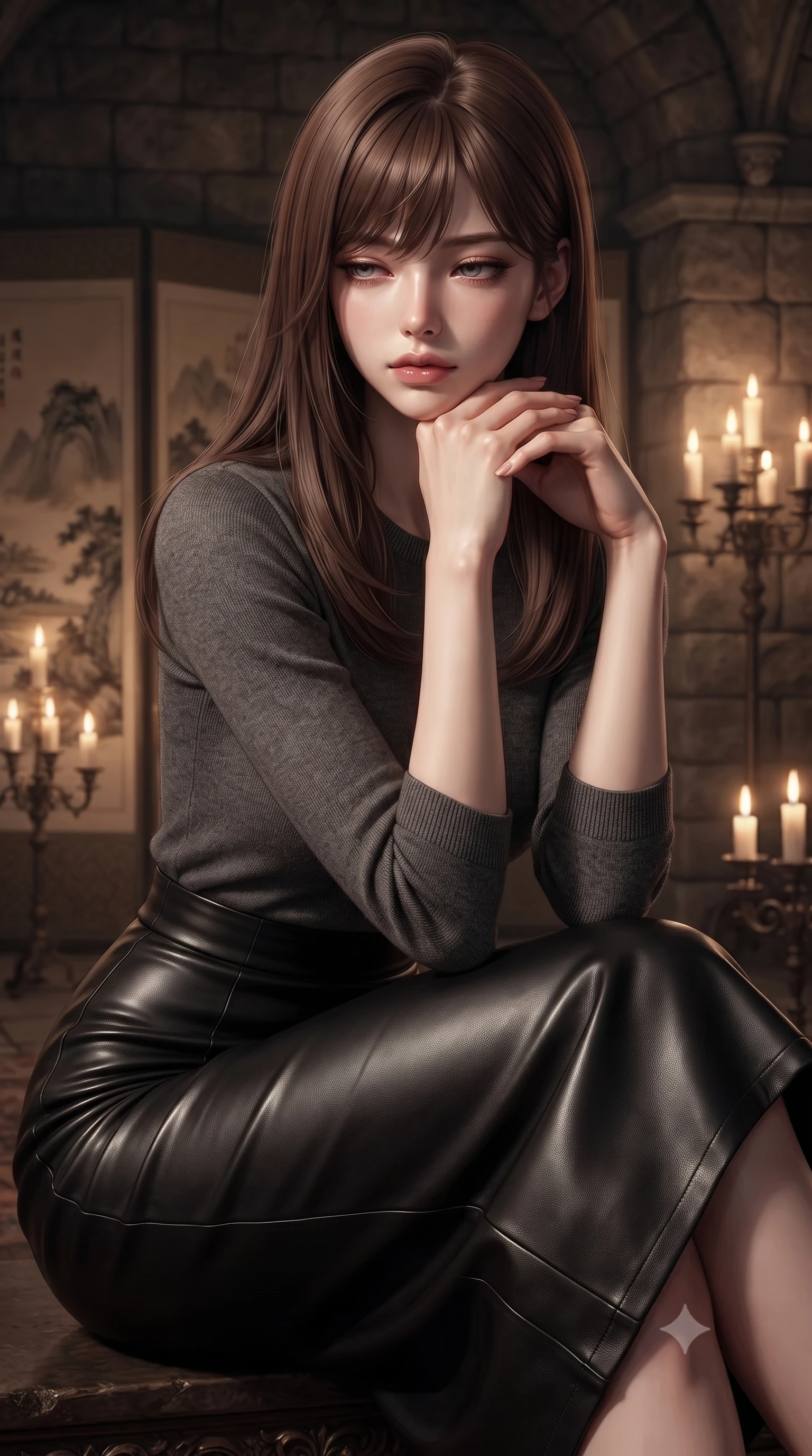 score_9, masterpiece, best quality, ultra-detailed, high-budget anime keyframe, editorial fashion photography, tasteful artistic composition, Korean woman. close-up cowboy shot from the waist and thighs up, the character dominates the composition, filling the frame with her large presence, background elements kept in soft focus. resting her chin on the backs of her fingers, casting a heavy-lidded, sultry look past the camera the background shows a soft-focus an old castle chamber with decorative screen paintings and candle stands. She has an exceptionally elegant, slender, and willowy female figure with an ultra-slim waist, a gracefully sculpted slender torso, and a refined silhouette. sharp v-shaped jawline, high-bridge nose, intricate jewel-like eyes with depth, thick eyelashes, glossy lips with a natural sheen. wearing a tailored body-hugging knit top in charcoal grey, paired with a tight-fitting leather midi skirt. warm flickering candle lights casting dramatic shadows on the stone walls. ultra-reflective glossy finish, specular highlights, metallic sheen, high-contrast stereoscopic depth, volumetric dynamic lighting, 2k, ultra detail, master piece, 9:16 ratio