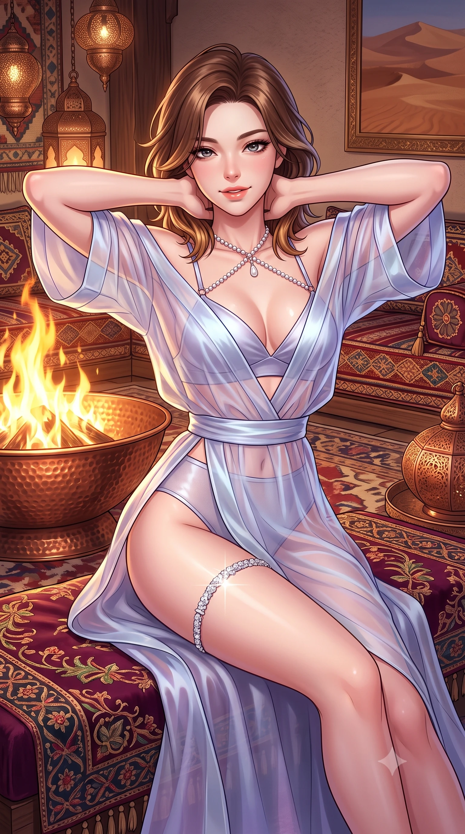 score_9, masterpiece, best quality, ultra-detailed, high-budget anime keyframe, semi-realistic 3D game render, editorial fashion photography, tasteful artistic composition, Korean woman. close-up cowboy shot from the waist and thighs up, the character dominates the composition, filling the frame with her large presence. resting both hands lightly behind her neck with elbows raised, arching her spine to highlight her narrow waist, flat midriff, and breathtaking collarbones while lounging gracefully across the low embroidered velvet majlis seating, arching her lower back to emphasize her curvy hips beside the roaring copper fire bowl. The surrounding environment is rendered in vivid detail and crisp panoramic clarity: detailed sheer illusion mesh bodysuit cling, crystal thigh garter shine, and desert luxury majlis decor in high resolution. She has an exceptionally elegant, slender, and willowy female figure with an ultra-slim waist, flat toned midriff, narrow ribcage, and sculpted feminine hips creating an alluring, slim hourglass silhouette without bulk. sharp v-shaped jawline, high-bridge nose, sparkling eyes with hypnotic seductive depth, thick curled eyelashes, glossy parted lips with a natural dewy peach sheen, alluring bedroom-eyes with an enchanting coquettish smile, exuding magnetic siren charisma and sophisticated glamour, flawlessly proportioned anatomical accuracy, strict slender model proportions, natural body alignment, perfectly sculpted long slender limbs, ultra-slim waistline, clean dynamic posture without body distortion. wearing a sheer organza modern kimono robe worn loose and slipping off bare shoulders over a matching satin bralette and high-waisted briefs in icy aurora-violet and glacial liquid silver, made of semi-opaque stretch illusion mesh with soft shadowy contours, accented with a pearl-drop body harness subtly framing her dewy collarbones and spine, the high-slit wrap tailoring accentuating her ultra-slim waistline and the enchanting curve of her feminine hips with alluring seductive charm. illuminated by hammered copper bowl reflection bounce and sharp flame-gold rim lights defining her razor-sharp jawline, narrow waist, and curvy hips. highly saturated vibrant anime colors, detailed shading with soft gradients, rich glossy textures, high-contrast stereoscopic depth, volumetric dynamic lighting, master piece, 9:16 ratio
