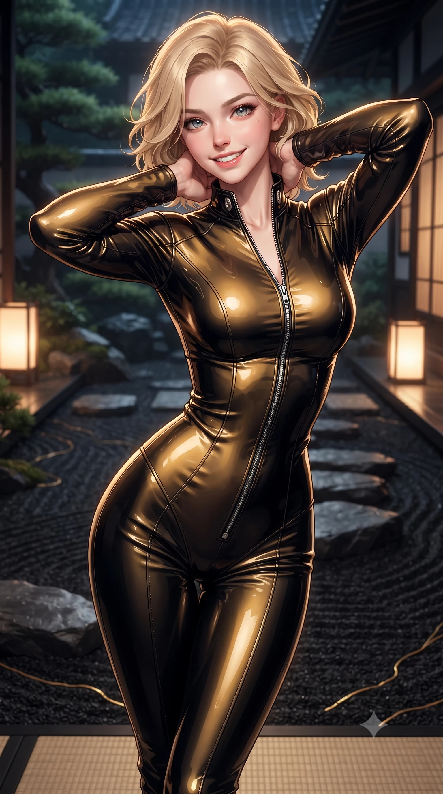 score_9, masterpiece, best quality, ultra-detailed, high-budget anime keyframe, editorial fashion photography, tasteful artistic composition, Caucasian woman. close-up cowboy shot from the waist and thighs up, the character dominates the composition, filling the frame with her large presence. resting both hands lightly behind her neck with elbows raised, arching her spine to highlight her narrow waist, flat midriff, and breathtaking collarbones while twisting her slender torso in an alluring S-curve beside the raked black stone garden, soft gold ambient lantern glows caressing her flat midriff and hourglass curves. The surrounding environment is rendered in vivid detail and crisp panoramic clarity: sharp woven black tatami border seams, hand-chiseled slate garden stones, and fine gold filigree lines in deep focus. She has an exceptionally elegant, slender, and willowy female figure with an ultra-slim waist, flat toned midriff, narrow ribcage, and sculpted feminine hips creating an alluring, slim hourglass silhouette without bulk. sharp v-shaped jawline, high-bridge nose, intricate jewel-like sparkling eyes with depth, thick eyelashes, glossy parted lips with a natural peach sheen, bright cheerful beaming smile with an enchanting and coquettish sensual glint, exuding both youthful cute charm and seductive allure, flawlessly proportioned anatomical accuracy, strict slender model proportions, natural body alignment, perfectly sculpted long slender limbs, ultra-slim waistline, clean dynamic posture without body distortion. wearing a sculpted tactical lambskin leather catsuit with seamless paneling and silver zipper hardware accentuating her flat midriff and curvy hips in singularity accretion gold and space void onyx, tailored from high-gloss patent leather with mirror-like specular highlights, finished with sleek magnetic buckle closures fluttering in the breeze, the glove-like clinging cut tightly following the natural contour of her hips and long slender legs with youthful 8.5-heads elegance. bathed in the warm radiant 2400K glow of concealed paper lanterns contrasted with subtle cyan cryo-vessel accent lights. ultra-reflective glossy finish, specular highlights, rich textural contrasts, high-contrast stereoscopic depth, volumetric dynamic lighting, 2k, ultra detail, master piece, 9:16 ratio