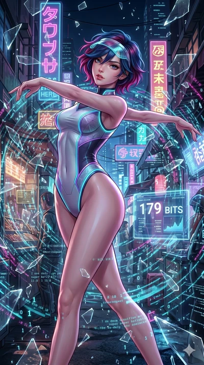 score_9, masterpiece, best quality, ultra-detailed, Set A: High-budget Anime Keyframe, Caucasian (strictly human ears) woman. Upper body close-up from the thighs up, character filling the screen for maximum presence. Dancing through a futuristic nigh