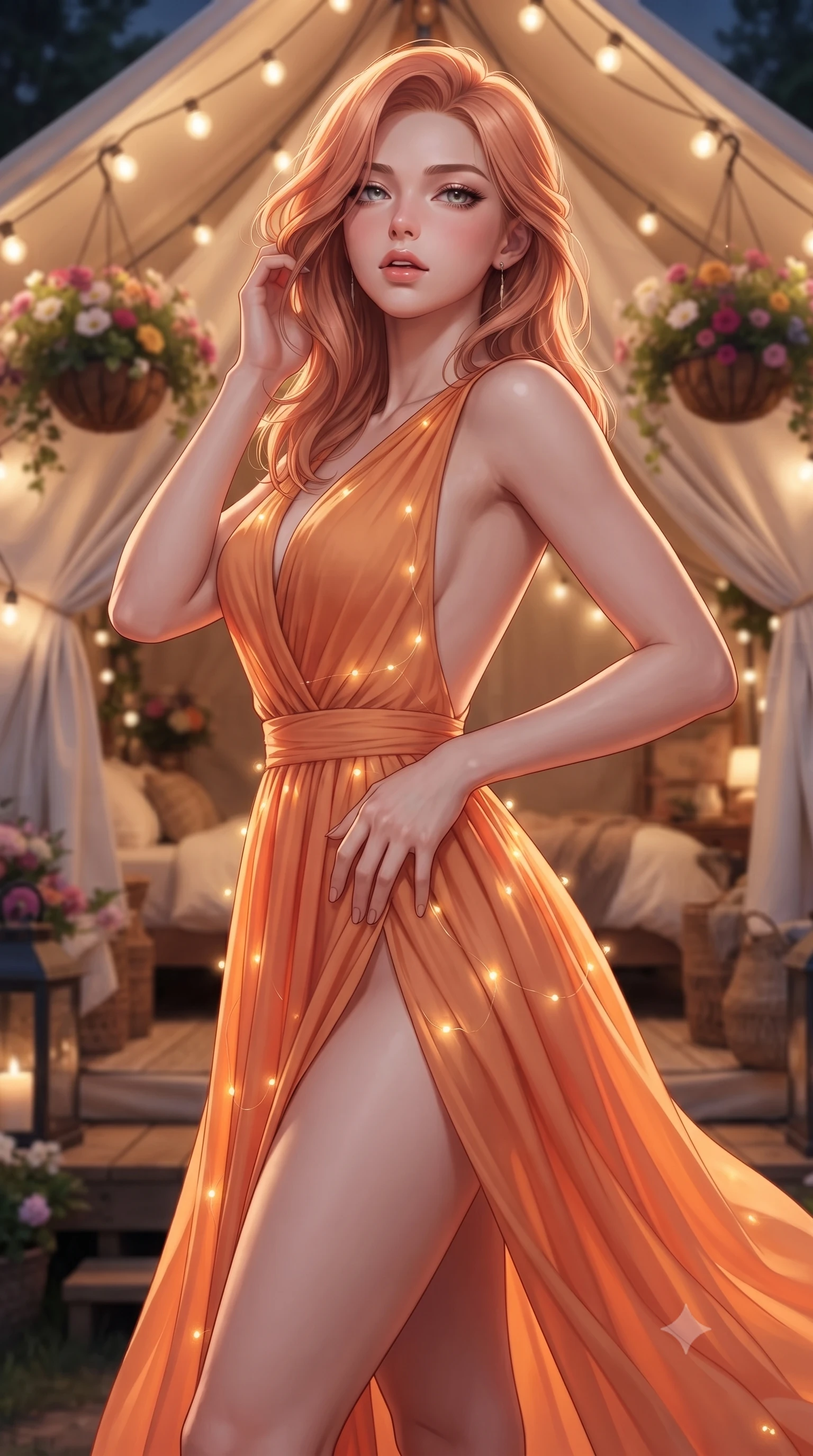 score_9, masterpiece, best quality, ultra-detailed, high-budget anime keyframe, editorial fashion photography, tasteful artistic composition, Japanese woman. close-up cowboy shot from the waist and thighs up, the character dominates the composition, filling the frame with her large presence, background elements kept in soft focus. tilting her chin up slightly with lips parted in a composed, provocative expression the background shows a soft-focus a glamping tent entrance decorated with hanging flower baskets and fairy lights. She has an exceptionally elegant, slender, and willowy female figure with an ultra-slim waist, a gracefully sculpted slender torso, and a refined silhouette. sharp v-shaped jawline, high-bridge nose, intricate jewel-like eyes with depth, thick eyelashes, glossy lips with a natural sheen. wearing a tailored high-slit resort gown in sunset orange chiffon, featuring a daring thigh-slit and open back. soft twinkling warm lights highlighting the detailed textures of her outfit. ultra-reflective glossy finish, specular highlights, metallic sheen, high-contrast stereoscopic depth, volumetric dynamic lighting, 2k, ultra detail, master piece, 9:16 ratio