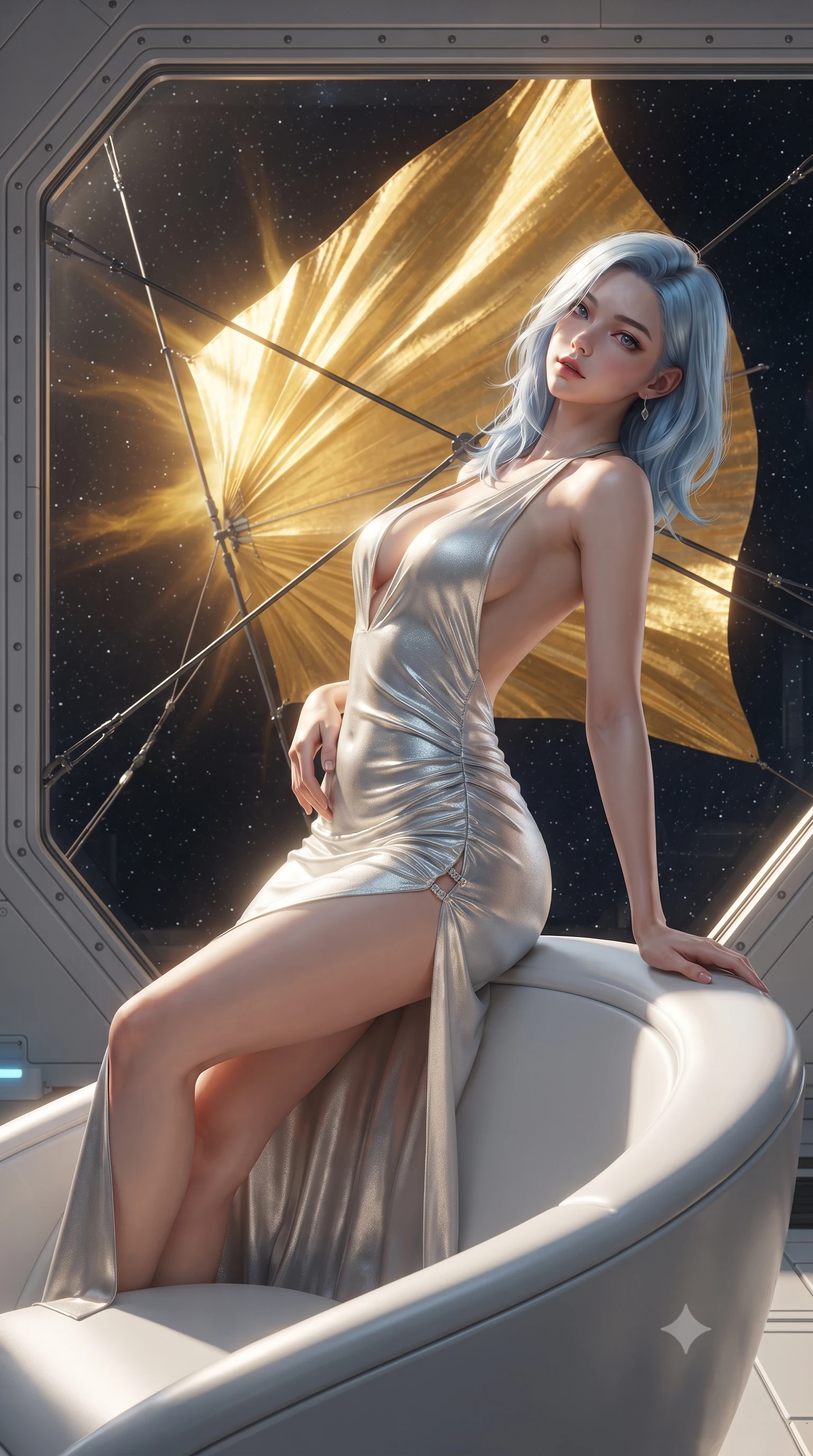 score_9, masterpiece, best quality, ultra-detailed, high-budget anime keyframe, editorial fashion photography, tasteful artistic composition, Korean woman. close-up cowboy shot from the waist and thighs up, the character dominates the composition, filling the frame with her large presence. arching her spine backward with effortless dancer poise, one hand sliding along her hip line as directional light carves specular highlights along her silhouette while perching on the rim of a white composite observation lounger, arching her lower back as a colossal golden solar sail billows majestically against the starlit void. The surrounding environment is rendered in vivid detail and crisp panoramic clarity. sharp solar-sail structural cables, quartz viewport rivets, and solar corona filament textures in deep focus. She has an exceptionally elegant, slender, and willowy female figure with an ultra-slim waist, flat toned midriff, narrow ribcage, and sculpted feminine hips creating an alluring, slim hourglass silhouette without bulk. sharp v-shaped jawline, high-bridge nose, intricate jewel-like eyes with depth, thick eyelashes, glossy parted lips with a natural sheen, intensely captivating and seductive bedroom-eyes expression, flawlessly proportioned anatomical accuracy, strict slender model proportions, natural body alignment, perfectly sculpted long slender limbs, ultra-slim waistline, clean dynamic posture without body distortion. wearing a plunging halter-neck metallic lamé column dress with a dramatic bare spine and hip-defining ruching in shimmering silver mercury and pearl white, tailored from liquid silk jersey adhering flawlessly to her slender build, finished with an ultra-high side slit secured by miniature jeweled clasps, the liquid-tight tailored fabric clinging flawlessly to her narrow waist and rounded feminine hips, emphasizing every millimeter of her sculpted slim hourglass curves without any bulky heaviness. bathed in glorious molten golden solar radiation backlighting filtered through high-tech polarized glass. ultra-reflective glossy finish, specular highlights, rich textural contrasts, high-contrast stereoscopic depth, volumetric dynamic lighting, 2k, ultra detail, master piece, 9:16 ratio