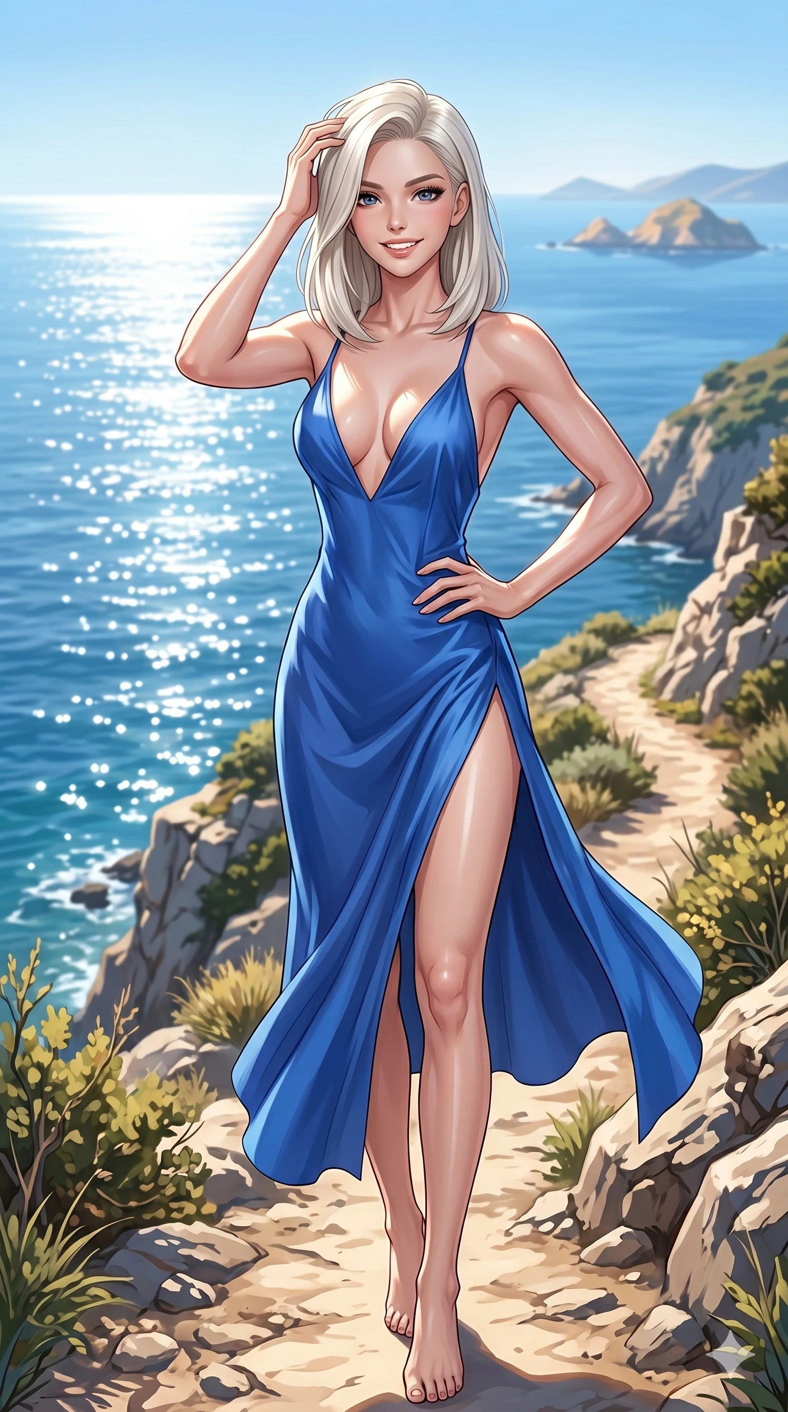 score_9, masterpiece, best quality, ultra-detailed, high-budget anime keyframe, editorial fashion photography, tasteful artistic composition, Caucasian woman, strictly human ears. cowboy shot from the thighs up, character and outfit filling the frame for maximum editorial presence. posing confidently with one hand on her hip, smiling with bright self-assurance standing on a cliffside path overlooking a sparkling blue ocean. She has an absolutely perfect 8-heads proportion, an exceptionally tall and slender female figure with impossibly long slender legs and an ultra-slim waist. V-shaped jawline, high-bridge nose, intricate jewel-like eyes with depth, thick eyelashes, glossy lips with a natural sheen. wearing a lightweight blue silk slip dress with an ultra-deep plunging neckline and a high side slit. drenched in brilliant, direct midday sunlight that highlights her athletic build. 2k, ultra detail, master piece, 9:16 ratio