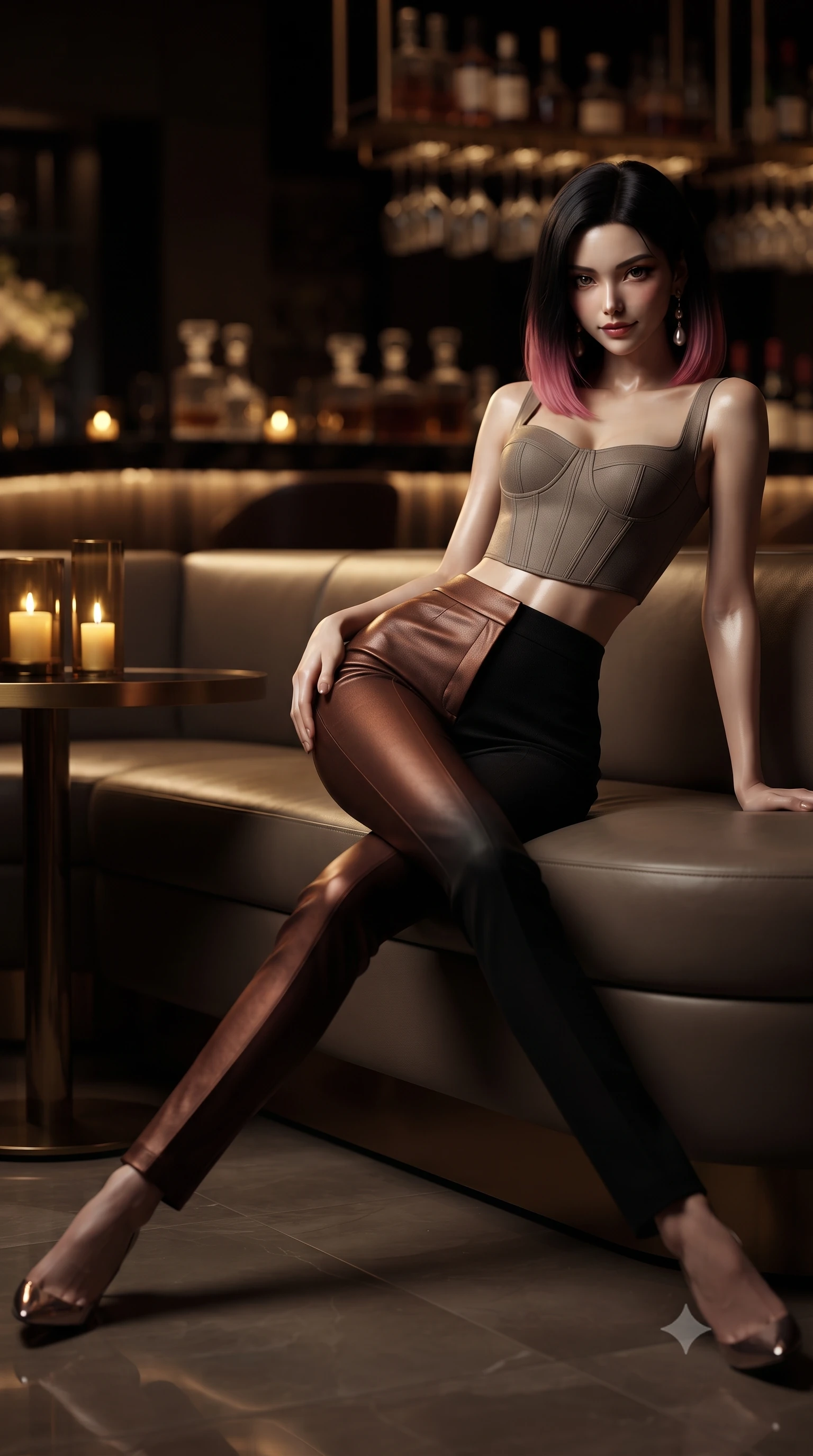 score_9, masterpiece, best quality, ultra-detailed, high-budget anime keyframe, editorial fashion photography, tasteful artistic composition, Korean woman. low angle full-body shot from head to toe showing her feet, filling the entire 9:16 vertical frame with her statuesque presence, stretching her vertical silhouette. striding forward gracefully across the reflective floor with sovereign supermodel poise, hips swaying in an alluring kinetic rhythm that accentuates her curvy hourglass silhouette and long slender legs while lounging languidly across a low leather banquette propped on one elbow, her curvy hips and long slender legs tracing a sovereign supermodel silhouette. The composition keeps background elements in soft focus with dreamy creamy bokeh. amber crystal bar decanters and suspended brass wine racks softened in luxurious midnight shallow focus. She has an exceptionally tall and slender model-like 8.5-heads proportion, an ultra-slim waist, a flat toned midriff, narrow delicate ribcage, and beautifully sculpted feminine hips creating a graceful, slim hourglass silhouette without any bulky heaviness, with impossibly long slender legs. sharp v-shaped jawline, high-bridge nose, intricate jewel-like dark sparkling eyes with dangerous depth, thick curled eyelashes, glossy parted lips with a rich wine sheen, smoldering seductive half-smile with bedroom-eyes, exuding effortless superiority and intoxicating dark allure, flawlessly proportioned anatomical accuracy, strict slender model proportions, natural body alignment, perfectly sculpted long slender limbs, ultra-slim waistline, clean dynamic posture without body distortion. wearing a cropped structured bodice top paired with ultra-fitted high-waisted leather trousers tracing her hips in dark burnt copper and matte black, tailored from fine lightweight midnight wool crepe with crisp architectural structure, accented with a single dangling baroque pearl earring reflecting the amber glow, the liquid-tight tailored fabric clinging flawlessly to her narrow waist and rounded feminine hips, emphasizing every millimeter of her sculpted slim hourglass curves without any bulky heaviness. bathed in warm golden candle accents and dim ambient bar backlights contrasting sharply with cool midnight glass reflections. ultra-reflective glossy finish, specular highlights, rich textural contrasts, high-contrast stereoscopic depth, volumetric dynamic lighting, 2k, ultra detail, master piece, 9:16 ratio