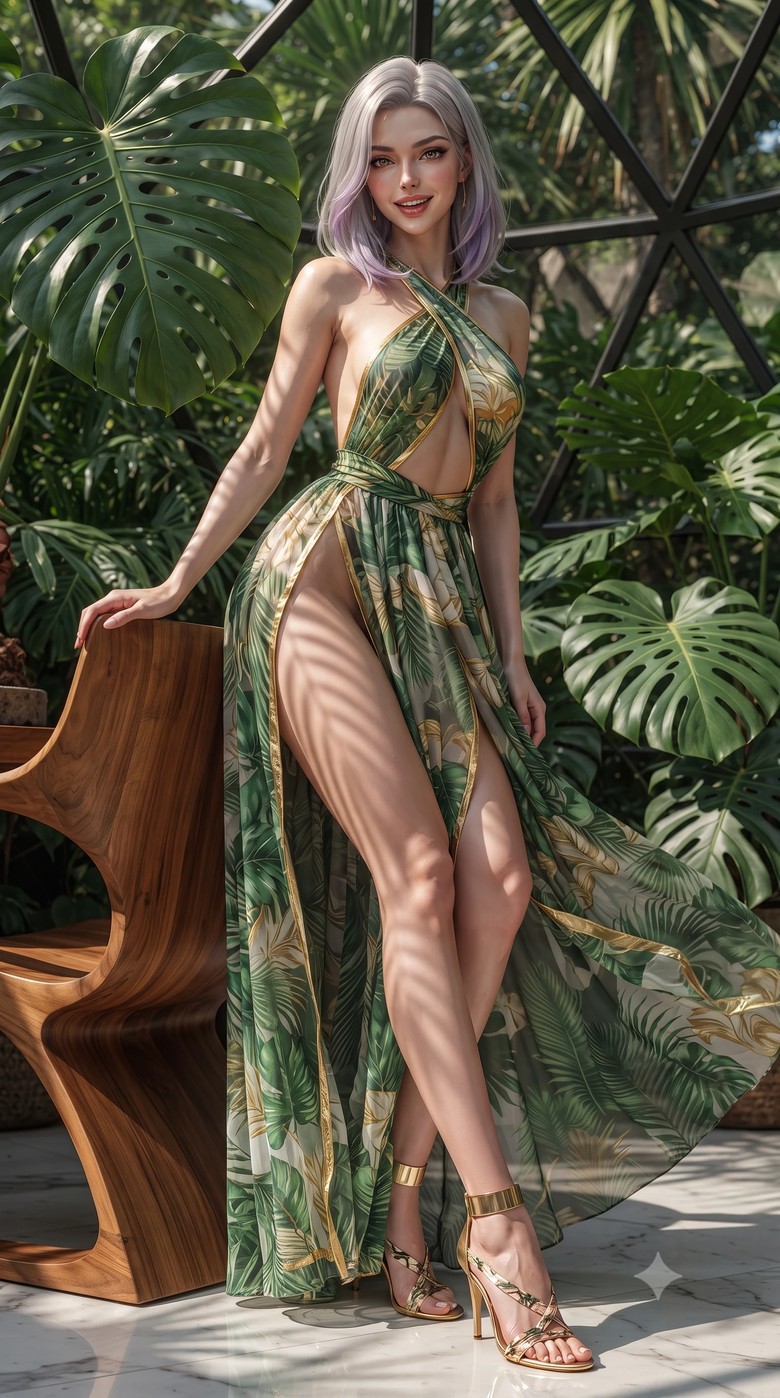 score_9, masterpiece, best quality, ultra-detailed, high-budget anime keyframe, editorial fashion photography, tasteful artistic composition, Caucasian woman. low angle full-body shot from head to toe showing her feet, filling the entire 9:16 vertical frame with her statuesque presence, stretching her vertical silhouette. leaning deep against the structural architecture with hips cocked in an unapologetically bold, seductive high-fashion stance while leaning back against sculpted ergonomic teak furniture surrounded by giant monstera leaves, smiling with radiant warmth. The surrounding environment is rendered in vivid detail and crisp panoramic clarity. sharp tropical leaf venation, geometric glass frame joints, and polished porcelain textures in deep focus. She has an absolutely perfect, statuesque 8.5-heads proportion, an exceptionally tall and slender model-like female figure with impossibly long slender legs, a toned flat midriff, and an ultra-slim waist. sharp v-shaped jawline, high-bridge nose, intricate jewel-like eyes with depth, thick eyelashes, glossy parted lips with a natural sheen, intensely captivating and seductive expression, flawlessly proportioned anatomical accuracy, strict slender model proportions, natural body alignment, perfectly sculpted long slender limbs, ultra-slim waistline, clean dynamic posture without body distortion. wearing an open-waist botanical print silk maxi gown with crossed halter straps and bare back in fresh palm green and liquid gold trim, woven from sheer cascading chiffon that flutters with every step, accessorized with a woven botanical belt and minimalist gold ankle cuff, the form-contouring material adhering flawlessly to her sculpted flat midriff and slender torso, emphasizing her long leg lines and perfectly proportioned willowy build. illuminated by organic stencil shadows from tropical leaves tracing her sculpted torso and legs. ultra-reflective glossy finish, specular highlights, rich textural contrasts, high-contrast stereoscopic depth, volumetric dynamic lighting, 2k, ultra detail, master piece, 9:16 ratio