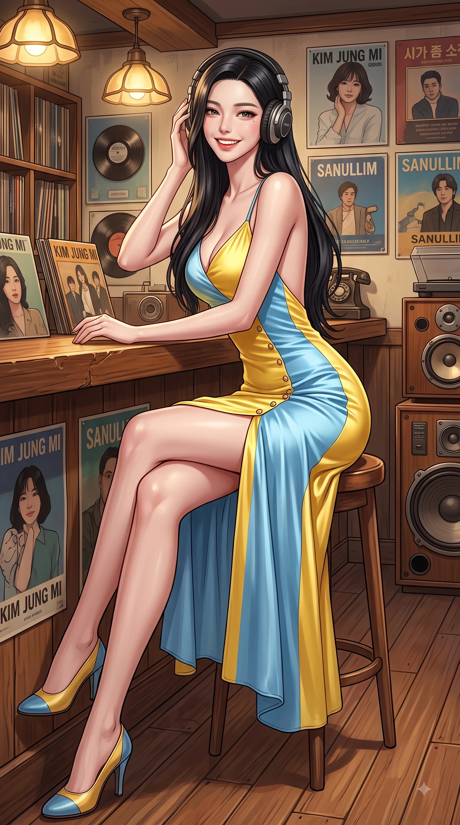 score_9, masterpiece, best quality, ultra-detailed, high-budget anime keyframe, editorial fashion photography, tasteful artistic composition, Korean woman. low angle full-body shot from head to toe showing her feet, filling the entire 9:16 vertical frame with her statuesque presence, stretching her vertical silhouette. pivoting dynamically with a fresh infectious smile, her ultra-slim waist creating a sweeping fluid curve while sitting at a wooden counter wearing vintage headphones with a joyful, relaxed smile. The surrounding environment is rendered in vivid detail and crisp panoramic clarity. cozy interior lighting and retro music decor rendered with rich environmental sharpness. She has an absolutely perfect, statuesque 8.5-heads proportion, an exceptionally tall and slender model-like female figure with impossibly long slender legs and an ultra-slim waist. sharp v-shaped jawline, high-bridge nose, intricate jewel-like eyes with depth, thick eyelashes, glossy lips with a natural sheen, flawlessly proportioned anatomical accuracy, natural body alignment, perfectly sculpted elegant limbs, clean dynamic posture without body distortion. wearing a precision-fitted liquid satin slip dress with fluid draped lines and an open back in sunny canary yellow and clear sky blue, made of premium stretch jersey that follows her curves like a glove, adorned with delicate gold buttons along the front, the elegant draped fit framing her graceful clavicle and slender torso. surrounded by a nostalgic, warm, and intimate retro music atmosphere. highly saturated vibrant anime colors, detailed shading with soft gradients, rich glossy textures, high-contrast stereoscopic depth, volumetric dynamic lighting, master piece, 9:16 ratio