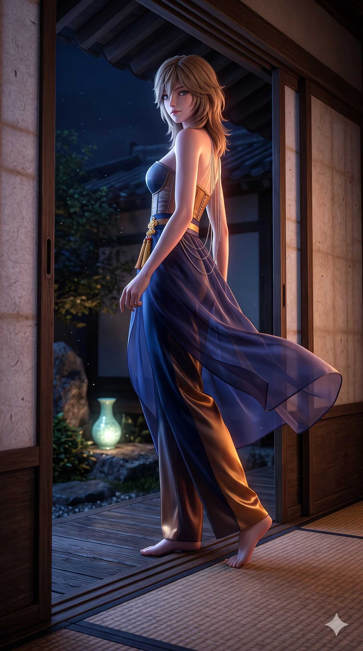 score_9, masterpiece, best quality, ultra-detailed, high-budget anime keyframe, semi-realistic 3D game render, editorial fashion photography, tasteful artistic composition, Japanese woman. low angle full-body shot from head to toe showing her feet, filling the entire 9:16 vertical frame with her statuesque presence, stretching her vertical silhouette. executing a slow, graceful pivot turn as her silk wrap skirt sways around her slender legs, glancing back with an enchanting, teasing sensual expression while standing poised in the doorway opening, night breezes billowing her sheer silk garments open around her long slender legs. The surrounding environment is rendered in vivid detail and crisp panoramic clarity: sharp mulberry paper texture on sliding doors, woven rush mat seams, and celadon ceramic glaze in deep focus. She has an absolutely perfect, statuesque 8.5-heads proportion, an exceptionally tall and slender model-like female figure with impossibly long slender legs, an ultra-slim waist, a flat toned midriff, narrow delicate ribcage, and beautifully sculpted feminine hips creating a graceful, slim hourglass silhouette without any bulky heaviness. sharp v-shaped jawline, high-bridge nose, sparkling eyes with hypnotic seductive depth, thick curled eyelashes, glossy parted lips with a natural dewy peach sheen, alluring bedroom-eyes with an enchanting coquettish smile, exuding magnetic siren charisma and sophisticated glamour, flawlessly proportioned anatomical accuracy, strict slender model proportions, natural body alignment, perfectly sculpted long slender limbs, ultra-slim waistline, clean dynamic posture without body distortion. wearing a modern strapless boned hanbok bustier with traditional norigae tassel accents paired with high-waisted wide-leg silk trousers in midnight indigo and glowing lantern topaz, tailored from smooth liquid silk satin with a natural dewy moonlight sheen, accented with an open-back drape framed by falling strands of delicate chrome chains, the liquid-tight tailored fabric clinging flawlessly to her narrow waist and rounded feminine hips, emphasizing every millimeter of her sculpted slim hourglass curves without any bulky heaviness. illuminated by polished floor bounce and sharp rose-gold rim lights defining her razor-sharp jawline, narrow waist, and curvy hips. highly saturated vibrant anime colors, detailed shading with soft gradients, rich glossy textures, high-contrast stereoscopic depth, volumetric dynamic lighting, master piece, 9:16 ratio