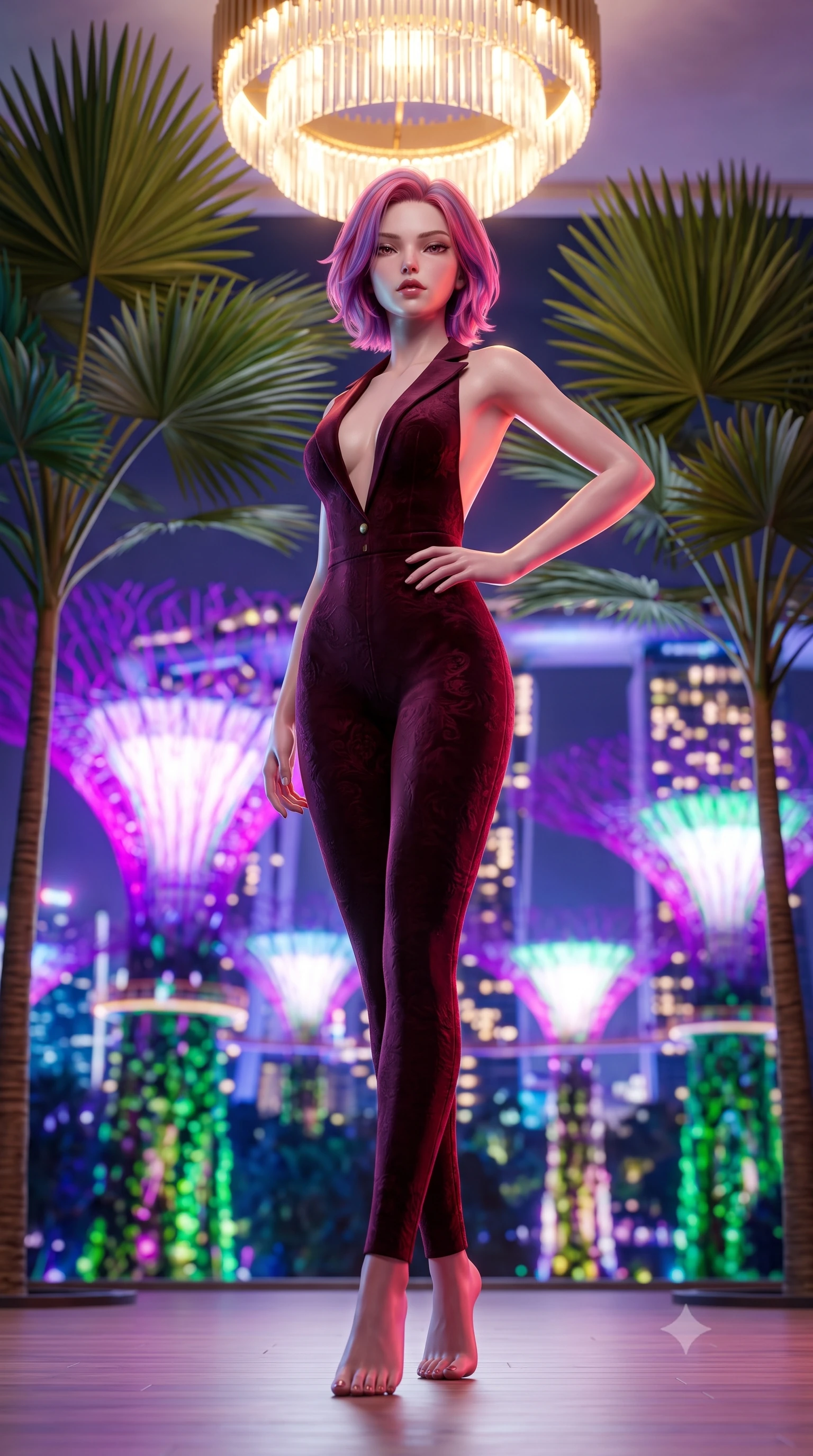 score_9, masterpiece, best quality, ultra-detailed, high-budget anime keyframe, semi-realistic 3D game render, editorial fashion photography, tasteful artistic composition, Caucasian woman. low angle full-body shot from head to toe showing her feet, filling the entire 9:16 vertical frame with her statuesque presence, stretching her vertical silhouette. pausing mid-stride beneath the grand chandelier with one hand resting on her narrow waist, her arched hips and statuesque 8.5-heads presence commanding the 9:16 vertical frame while standing poised between towering tropical fan palms with hips cocked back, casting an enchanting bedroom-gaze over the midnight bay vista. The composition keeps background elements in soft focus with dreamy creamy bokeh. the futuristic Singapore skyline and Supertree Grove light sculptures blurred into dazzling electric violet, magenta, and emerald bokeh. She has an exceptionally tall and slender model-like 8.5-heads proportion, an ultra-slim waist, a flat toned midriff, narrow delicate ribcage, and beautifully sculpted feminine hips creating a graceful, slim hourglass silhouette without any bulky heaviness, with impossibly long slender legs. sharp v-shaped jawline, high-bridge nose, intricate jewel-like dark sparkling eyes with dangerous depth, thick curled eyelashes, glossy parted lips with a rich wine sheen, smoldering seductive half-smile with bedroom-eyes, exuding effortless superiority and intoxicating dark allure, flawlessly proportioned anatomical accuracy, strict slender model proportions, natural body alignment, perfectly sculpted long slender limbs, ultra-slim waistline, clean dynamic posture without body distortion. wearing a second-skin dark burgundy stretch-velvet jumpsuit with a plunging neckline and open back in smoky charcoal slate and molten rose gold, tailored from rich silk jacquard with subtle embossed baroque patterns, finished with sharp tailored peak lapels and subtle horn button accents, the form-fitting cut adhering flawlessly to her sculpted flat midriff and slender torso, emphasizing her long leg lines and perfectly proportioned willowy build. bathed in vibrant metropolitan skyline neon reflections and soft warm deck ambient wash. highly saturated vibrant anime colors, detailed shading with soft gradients, rich glossy textures, high-contrast stereoscopic depth, volumetric dynamic lighting, master piece, 9:16 ratio
