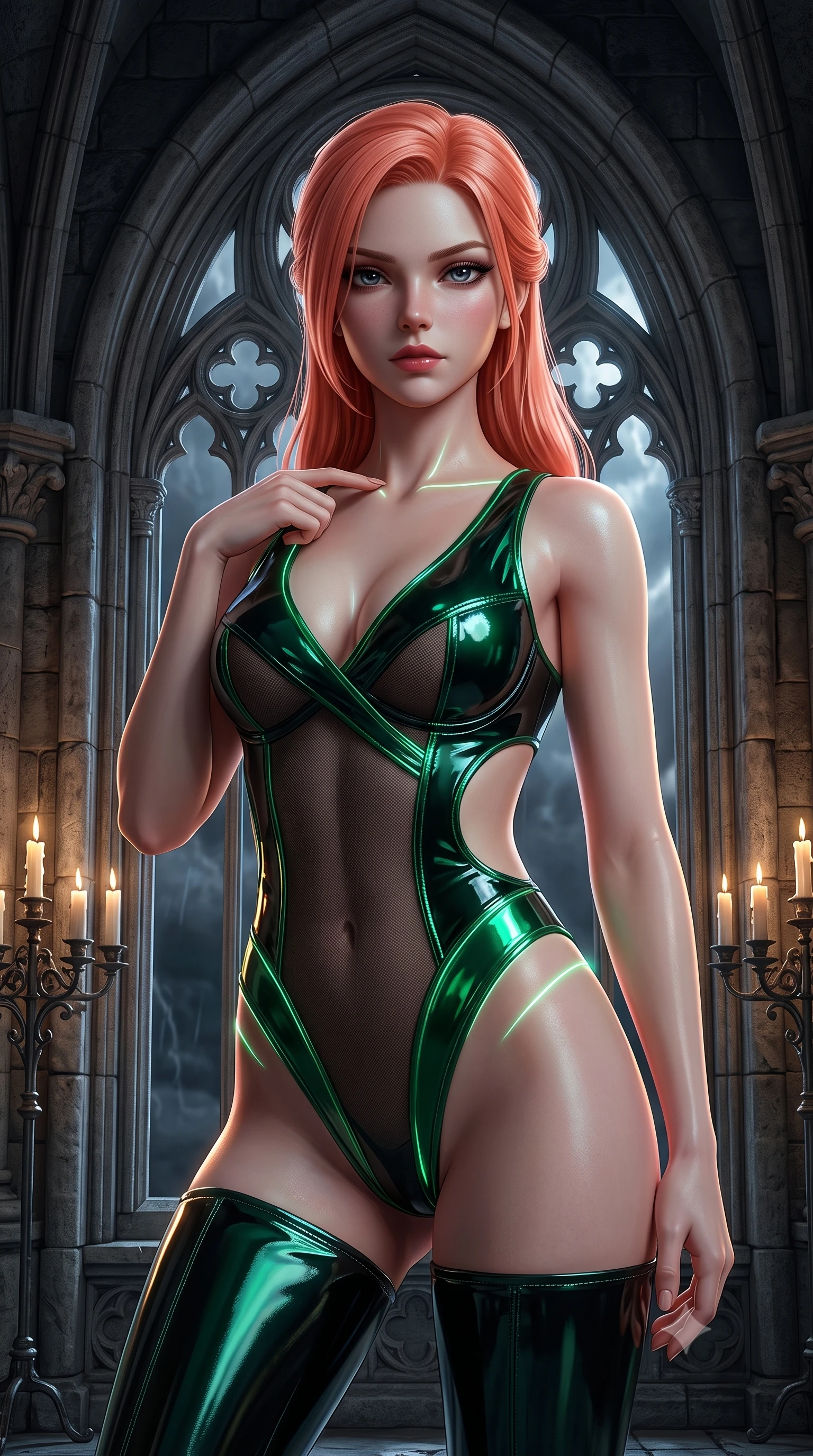 score_9, masterpiece, best quality, ultra-detailed, high-budget anime keyframe, semi-realistic 3D game render, editorial fashion photography, tasteful artistic composition, Japanese woman. close-up cowboy shot from the waist and thighs up, the character dominates the composition, filling the frame with her large presence. leaning forward with a dangerous, enticing smolder, trailing one finger slowly along her bare collarbone while casting a fiery, magnetic direct gaze while resting against a soaring stone archway with a dangerous, predatory smolder gazing directly into the lens beneath stormy shadows. The surrounding environment is rendered in vivid detail and crisp panoramic clarity. sharp gothic window tracery, flickering candle wax textures, and dark stone arches rendered in high resolution. She has an exceptionally elegant, slender, and willowy female figure with an ultra-slim waist, a gracefully sculpted slender torso, toned flat midriff, and a refined slim silhouette. sharp v-shaped jawline, high-bridge nose, intricate jewel-like eyes with depth, thick eyelashes, glossy lips with a natural sheen, flawlessly proportioned anatomical accuracy, strict slender model proportions, natural body alignment, perfectly sculpted long slender limbs, ultra-slim waistline, clean dynamic posture without body distortion. wearing a high-cut translucent dark mesh leotard with cup boning, strategic side-waist cutouts, and a deep crossover neckline in high-gloss lacquer black and electric emerald highlights, formed from high-gloss patent material with specular chiaroscuro reflections, accented with glowing fiber-optic seams tracing her collarbones and hip curves in the gloom, the sleek second-skin cut tightly hugging her graceful clavicle, narrow waist, and feminine curves with athletic precision. surrounded by a dark, mysterious, and intensely seductive gothic-noir vampire queen aura. rich saturated anime colors with deep moody shadows, detailed chiaroscuro shading with soft gradients, rich glossy textures, high-contrast stereoscopic depth, volumetric dynamic shadow lighting, master piece, 9:16 ratio
