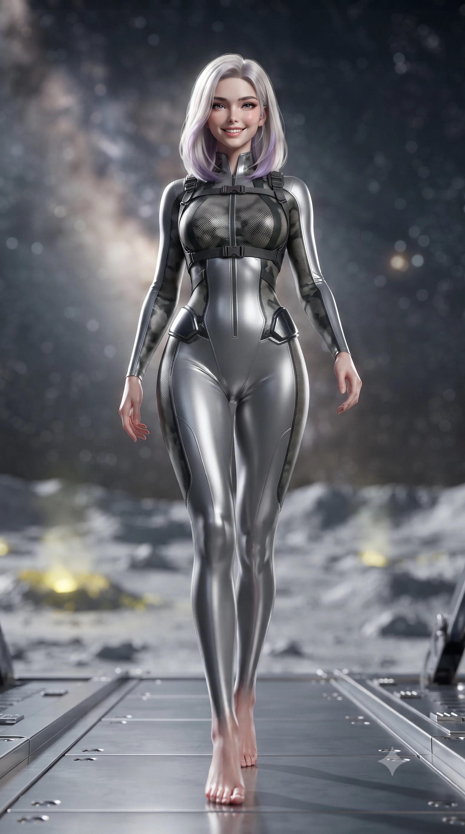 score_9, masterpiece, best quality, ultra-detailed, high-budget anime keyframe, editorial fashion photography, tasteful artistic composition, Caucasian woman. low angle full-body shot from head to toe showing her feet, filling the entire 9:16 vertical frame with her statuesque presence, stretching her vertical silhouette. striding forward gracefully across the reflective metal deck in mid-motion with a radiant beaming smile, hips swaying in an alluring kinetic rhythm that accentuates her curvy hourglass silhouette and long slender legs while standing on the open excavator gantry overlooking sulfur-crusted lunar plains under the Milky Way, arching her back with majestic poise. The background shows a soft-focus vast cratered lunar regolith and glowing sulfur vents beneath a brilliant galactic starfield blurred into starlight white, sulfur gold, and obsidian bokeh. She has an absolutely perfect, statuesque 8.5-heads proportion, an exceptionally tall and slender model-like female figure with impossibly long slender legs, an ultra-slim waist, a flat toned midriff, narrow delicate ribcage, and beautifully sculpted feminine hips creating a graceful, slim hourglass silhouette without any bulky heaviness. sharp v-shaped jawline, high-bridge nose, intricate jewel-like sparkling eyes with depth, thick eyelashes, glossy parted lips with a natural sheen, bright confident smile with an enchanting and coquettish sensual glint, exuding both youthful magnetic charm and sovereign high-tech allure, flawlessly proportioned anatomical accuracy, strict slender model proportions, natural body alignment, perfectly sculpted long slender limbs, ultra-slim waistline, clean dynamic posture without body distortion. wearing a second-skin cybernetic stealth suit with active-camo optical mesh and sculpted carbon hip guards in reflective liquid mercury and matte phantom grey, made of supple second-skin compression stretch jersey clinging flawlessly to her form, finished with criss-cross Kevlar tactical straps tracing her graceful shoulder blades, the form-contouring cut accentuating her sculpted flat midriff, narrow delicate ribcage, and gracefully curvy hips with cybernetic supermodel precision. illuminated by ground reflections and sharp platinum rim lights defining her slim torso, narrow waist, and curvy hips. ultra-reflective glossy finish, specular highlights, rich textural contrasts, high-contrast stereoscopic depth, volumetric dynamic lighting, 2k, ultra detail, master piece, 9:16 ratio