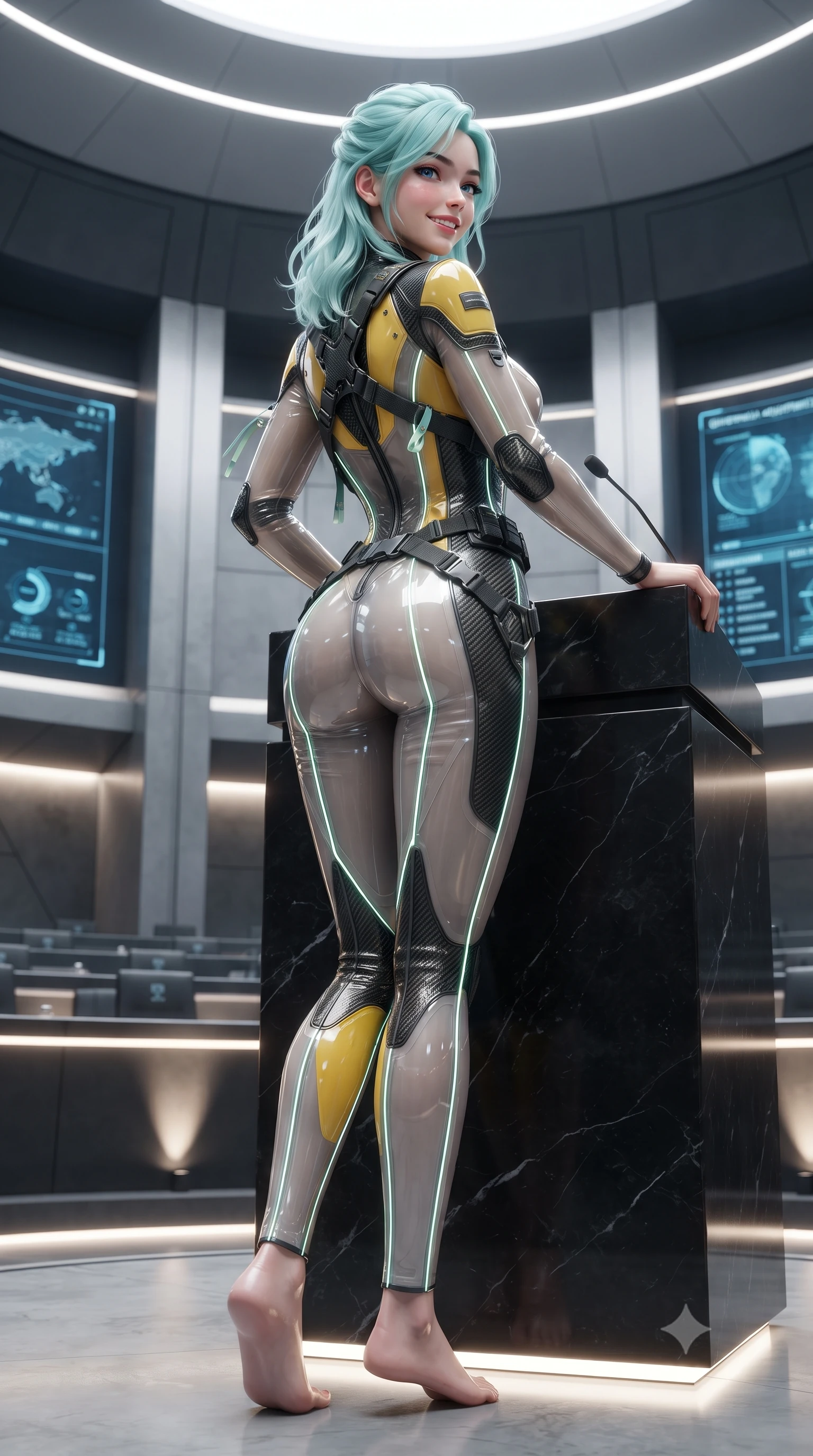 score_9, masterpiece, best quality, ultra-detailed, high-budget anime keyframe, editorial fashion photography, tasteful artistic composition, Japanese woman. low angle full-body shot from head to toe showing her feet, filling the entire 9:16 vertical frame with her statuesque presence, stretching her vertical silhouette. executing a cheerful mid-motion pivot turn as her tactical belt and ribbons flutter around her slender legs, glancing over her shoulder with an intoxicating, teasing bedroom-gaze while leaning against the black marble council podium with hips cocked back, looking into the lens with an intoxicating, commanding bedroom-gaze. The surrounding environment is rendered in vivid detail and crisp panoramic clarity: detailed tailored suit texture, digital data reflections on skin, and monumental government architecture in razor-sharp precision. She has an absolutely perfect, statuesque 8.5-heads proportion, an exceptionally tall and slender model-like female figure with impossibly long slender legs, an ultra-slim waist, a flat toned midriff, narrow delicate ribcage, and beautifully sculpted feminine hips creating a graceful, slim hourglass silhouette without any bulky heaviness. sharp v-shaped jawline, high-bridge nose, intricate jewel-like sparkling eyes with depth, thick eyelashes, glossy parted lips with a natural sheen, bright confident smile with an enchanting and coquettish sensual glint, exuding both youthful magnetic charm and sovereign high-tech allure, flawlessly proportioned anatomical accuracy, strict slender model proportions, natural body alignment, perfectly sculpted long slender limbs, ultra-slim waistline, clean dynamic posture without body distortion. wearing a translucent high-gloss polymer flight suit with internal luminescent wire filigree and tailored waist cinching in industrial hazard yellow and matte carbon black, tailored from brushed aeronautical titanium alloy with matte satin sheen, finished with criss-cross Kevlar tactical straps tracing her graceful shoulder blades, the liquid-tight tailored fabric clinging flawlessly to her narrow waist and rounded feminine hips, emphasizing every millimeter of her sculpted slim hourglass curves without any bulky heaviness. illuminated by under-floor uplighting and sharp champagne rim lighting sculpting her razor-sharp jawline, narrow waist, and curvy hips. ultra-reflective glossy finish, specular highlights, rich textural contrasts, high-contrast stereoscopic depth, volumetric dynamic lighting, 2k, ultra detail, master piece, 9:16 ratio