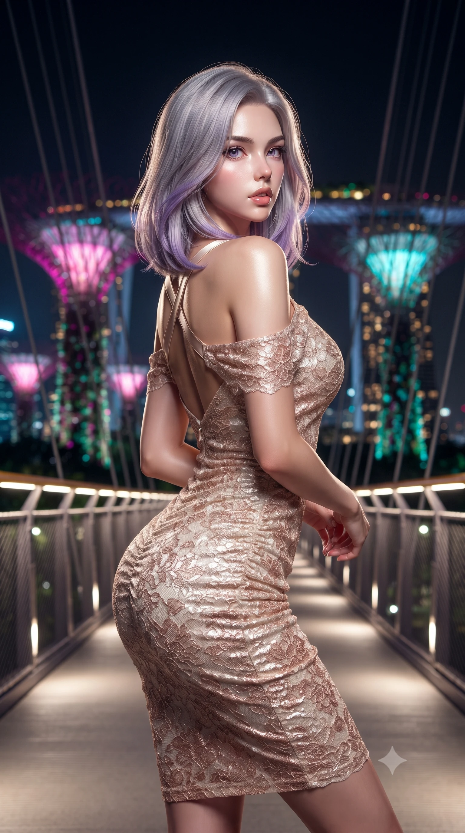 score_9, masterpiece, best quality, ultra-detailed, high-budget anime keyframe, editorial fashion photography, tasteful artistic composition, Caucasian woman. close-up cowboy shot from the waist and thighs up, the character dominates the composition, filling the frame with her large presence. twisting her slender torso in a deep contrapposto stance, hips dramatically shifted to accentuate her feminine curves while looking past her shoulder with smoldering bedroom-eyes while standing poised at the center of the illuminated suspension bridge, twisting her slender torso in an alluring S-curve while looking toward the Marina skyline. The composition keeps background elements in soft focus with creamy bokeh. giant illuminated supertree bio-domes and Marina Bay Sands towers blurred into electric magenta, turquoise, and gold bokeh. She has an exceptionally elegant, slender, and willowy female figure with an ultra-slim waist, flat toned midriff, narrow ribcage, and sculpted feminine hips creating an alluring, slim hourglass silhouette without bulk. sharp v-shaped jawline, high-bridge nose, intricate jewel-like eyes with depth, thick eyelashes, glossy parted lips with a natural sheen, intensely captivating and seductive bedroom-eyes expression, flawlessly proportioned anatomical accuracy, strict slender model proportions, natural body alignment, perfectly sculpted long slender limbs, ultra-slim waistline, clean dynamic posture without body distortion. wearing a form-contouring cocktail dress with an asymmetrical open shoulder and hip-defining ruching in vintage champagne ivory and delicate rose gold, formed from shimmering floral lace over smooth opaque silk lining, finished with criss-cross back satin straps highlighting her graceful shoulder blades, the second-skin form-contouring cut accentuating her sculpted flat midriff, narrow delicate ribcage, and gracefully curvy hips with supermodel precision. surrounded by a visionary, electrifying, and breathlessly magnificent eco-metropolis queen aura. ultra-reflective glossy finish, specular highlights, rich textural contrasts, high-contrast stereoscopic depth, volumetric dynamic lighting, 2k, ultra detail, master piece, 9:16 ratio