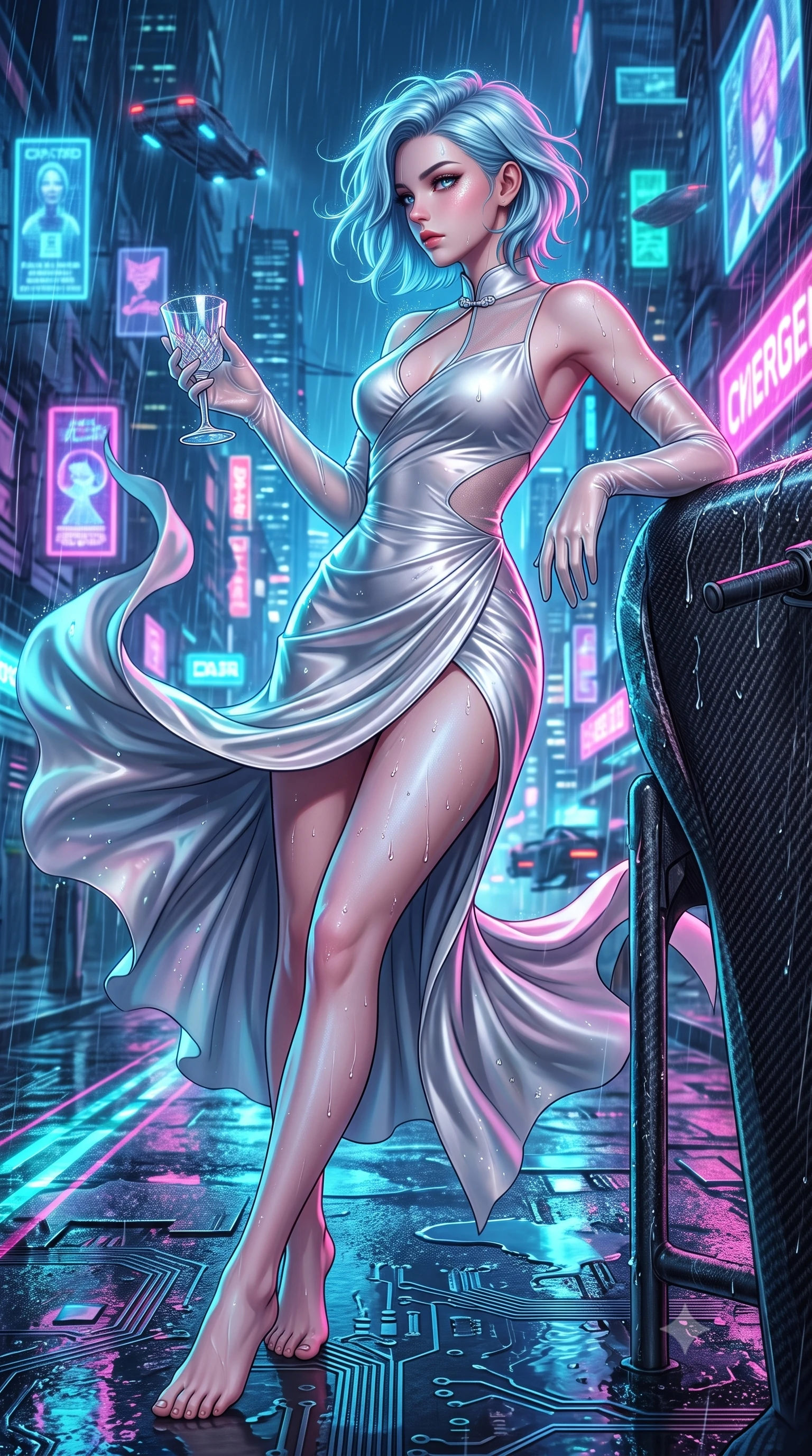score_9, masterpiece, best quality, ultra-detailed, high-budget anime keyframe, semi-realistic 3D game render, editorial fashion photography, tasteful artistic composition, Korean woman. low angle full-body shot from head to toe showing her feet, filling the entire 9:16 vertical frame with her statuesque presence, stretching her vertical silhouette. executing an elegant mid-motion pivot turn as garments swirl around her slender limbs, glancing over her shoulder with an intoxicating bedroom-gaze while reclining casually against a rain-drenched carbon fiber bike stand propped on one elbow, her slender waist and curved hips sculpted by neon chiaroscuro. The surrounding environment is rendered in vivid detail and crisp panoramic clarity. detailed wet-look garment sheen, water droplet beads on skin, and cybernetic street texture in high clarity. She has an exceptionally tall and slender model-like 8.5-heads proportion, an ultra-slim waist, a flat toned midriff, narrow delicate ribcage, and beautifully sculpted feminine hips creating a graceful, slim hourglass silhouette without any bulky heaviness, with impossibly long slender legs. sharp v-shaped jawline, high-bridge nose, intricate jewel-like eyes with depth, thick eyelashes, glossy parted lips with a natural sheen, intensely captivating and seductive bedroom-eyes expression, flawlessly proportioned anatomical accuracy, strict slender model proportions, natural body alignment, perfectly sculpted long slender limbs, ultra-slim waistline, clean dynamic posture without body distortion. wearing a wet-look silk fusion wrap dress with asymmetrical sheer mesh cutouts and high Mandarin collar in shimmering silver mercury and pearl white, tailored from liquid silk jersey adhering flawlessly to her slender build, accessorized with opera-length satin gloves and a vintage crystal glass, the liquid-tight tailored fabric clinging flawlessly to her narrow waist and rounded feminine hips, emphasizing every millimeter of her sculpted slim hourglass curves without any bulky heaviness. illuminated by shimmering wet ground specular reflections accentuating her sculpted midriff, narrow waist, and curvy hips. highly saturated vibrant anime colors, detailed shading with soft gradients, rich glossy textures, high-contrast stereoscopic depth, volumetric dynamic lighting, master piece, 9:16 ratio