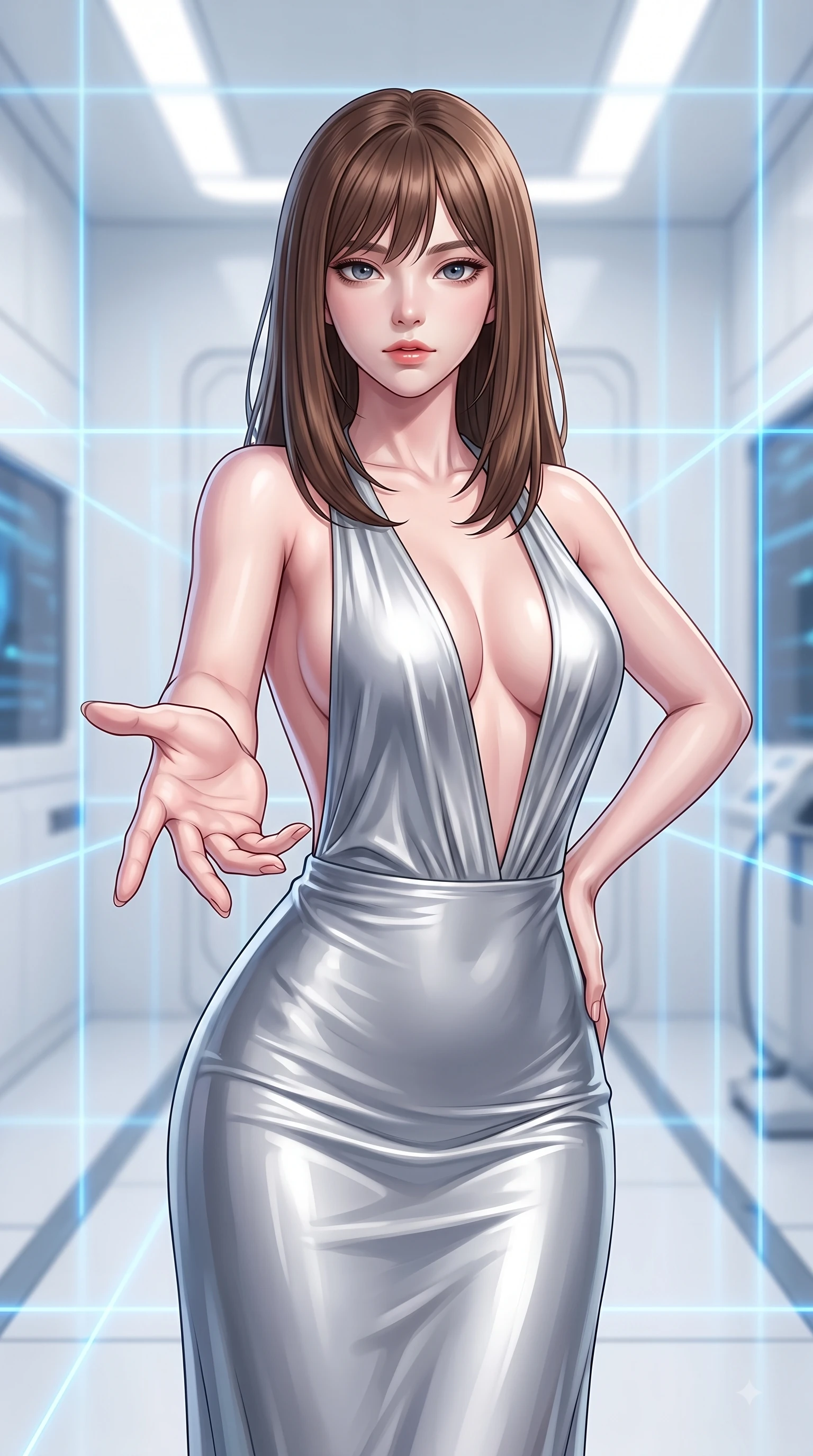 score_9, masterpiece, best quality, ultra-detailed, high-budget anime keyframe, editorial fashion photography, tasteful artistic composition, Korean woman woman. close-up cowboy shot from the waist and thighs up, the character dominates the composition, filling the frame with her large presence, background elements kept in soft focus. She has an exceptionally elegant, slender, and willowy female figure with an ultra-slim waist, a gracefully sculpted slender torso, and a refined silhouette. reaching one hand toward the viewer with relaxed elegance, her gaze holding quiet authority, flawlessly proportioned anatomical accuracy, natural body alignment, perfectly sculpted elegant limbs, clean dynamic posture without body distortion. set against a soft-focus background of a high-tech cleanroom with white composite walls and laser grids. wearing a deep plunging V-neck maxi dress in liquid silver jersey with a daring open-back. bathed in crisp high-key white ambient light with focused blue laser gridlines. highly saturated vibrant anime colors, detailed shading with soft gradients, rich glossy textures, high-contrast stereoscopic depth, volumetric dynamic lighting, master piece, 9:16 ratio