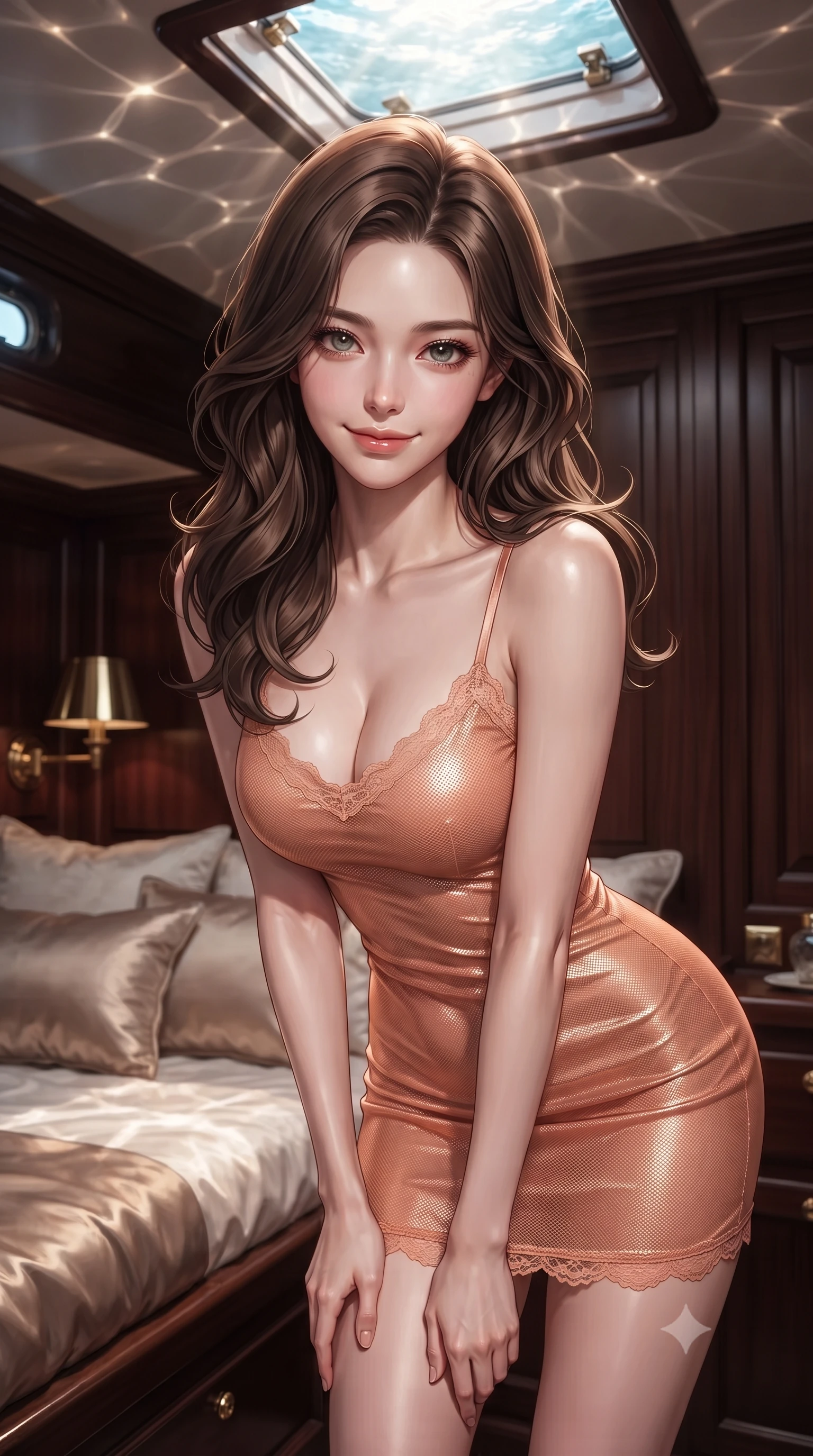 score_9, masterpiece, best quality, ultra-detailed, high-budget anime keyframe, editorial fashion photography, tasteful artistic composition, Korean woman woman. close-up cowboy shot from the waist and thighs up, the character dominates the composition, filling the frame with her large presence, background elements kept in soft focus. leaning slightly forward with a playful, teasing smile, her gaze locked onto the viewer the background shows a soft-focus a luxurious private cabin room of a sailing yacht, with dark wood panels and silk pillows. She has an exceptionally elegant, slender, and willowy female figure with an ultra-slim waist, a gracefully sculpted slender torso, and a refined silhouette. sharp v-shaped jawline, high-bridge nose, intricate jewel-like eyes with depth, thick eyelashes, glossy lips with a natural sheen. wearing a slim-fit semi-transparent mesh dress in peach, contouring her slender silhouette with delicate lace detailing. shimmering sunbeams reflecting from the water surface onto the ceiling. ultra-reflective glossy finish, specular highlights, metallic sheen, high-contrast stereoscopic depth, volumetric dynamic lighting, 2k, ultra detail, master piece, 9:16 ratio
