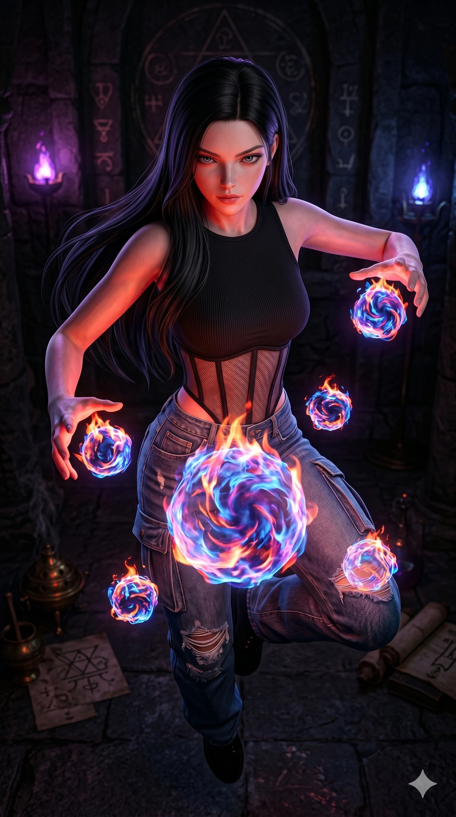 score_9, masterpiece, best quality, ultra-detailed, photorealistic 8k CG, hyper-detailed textures, ray-tracing, Caucasian (strictly human ears) woman. Extreme high angle shot as she leaps towards the camera, filling the frame. manipulating floating orbs of liquid fire in a dark ritual chamber. She has an absolutely perfect 8-heads proportion, an exceptionally tall and slender female figure with an ultra-slim waist and impossibly long slender legs. strictly human anatomy, two legs only, no extra limbs, clearly defined legs and arms, perfect anatomy, perfect hands and fingers. sharp v-shaped jawline, high-bridge nose, intricate jewel-like eyes, thick eyelashes, glossy lips. Wearing Urban Trendsetter: Ribbed bodycon dress, crop top with high-waist denim, and sheer corset with cargo pants. The scene is illuminated by dramatic atmospheric lighting and vibrant color palettes. , 2k, ultra detail, master piece, 9:16 ratio