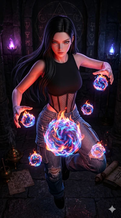 score_9, masterpiece, best quality, ultra-detailed, photorealistic 8k CG, hyper-detailed textures, ray-tracing, Caucasian (strictly human ears) woman. Extreme high angle shot as she leaps towards the camera, filling the frame. manipulating floating o