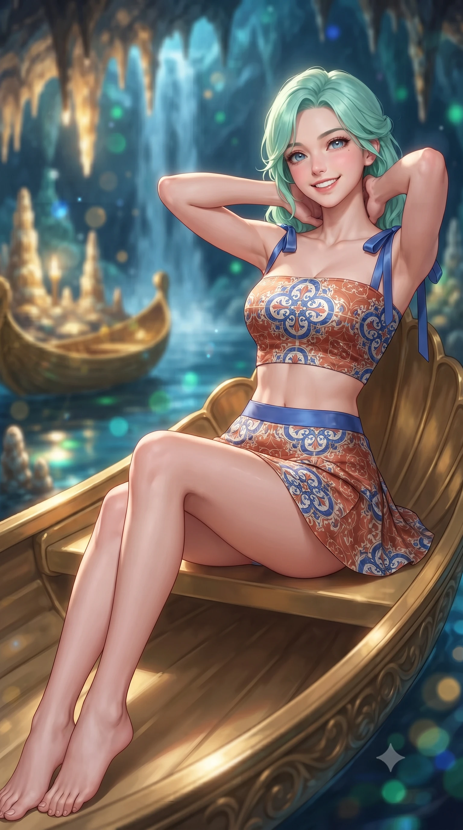 score_9, masterpiece, best quality, ultra-detailed, high-budget anime keyframe, editorial fashion photography, tasteful artistic composition, Japanese woman. close-up cowboy shot from the waist and thighs up, the character dominates the composition, filling the frame with her large presence. resting both hands lightly behind her neck with elbows raised, arching her spine to highlight her narrow waist, flat midriff, and breathtaking collarbones while lounging gracefully in the gilded shell barque propped on one elbow with legs extended, her statuesque 8.5-heads silhouette commanding the subterranean fantasy. The background shows a soft-focus illuminated artificial stalactites and stalagmites glowing with dynamic colored lighting, gilded golden shell boat, and subterranean waterfall blurred into sapphire, emerald, and gold bokeh. She has an exceptionally elegant, slender, and willowy female figure with an ultra-slim waist, flat toned midriff, narrow ribcage, and sculpted feminine hips creating an alluring, slim hourglass silhouette without bulk. sharp v-shaped jawline, high-bridge nose, intricate jewel-like sparkling eyes with depth, thick eyelashes, glossy parted lips with a natural peach sheen, bright cheerful beaming smile with an enchanting and coquettish sensual glint, exuding both youthful cute charm and seductive allure, flawlessly proportioned anatomical accuracy, strict slender model proportions, natural body alignment, perfectly sculpted long slender limbs, ultra-slim waistline, clean dynamic posture without body distortion. wearing an ultra-cropped fitted bandeau top paired with a micro mini tennis skirt revealing her flat midriff in Andalusian Alhambra azulejo cobalt and warm terracotta copper, crafted from fluid liquid silk satin that clings smoothly to her narrow waist and rounded hips with a dewy sheen, finished with satin ribbon ties at the shoulders fluttering in the gentle breeze, the second-skin tailored fabric adhering flawlessly to her sculpted flat midriff and slender torso, emphasizing her long leg lines and perfectly proportioned willowy build. bathed in the magical theatrical 3500K sapphire-and-emerald electric arc illumination designed for King Ludwig II's private opera performances. ultra-reflective glossy finish, specular highlights, rich textural contrasts, high-contrast stereoscopic depth, volumetric dynamic lighting, 2k, ultra detail, master piece, 9:16 ratio
