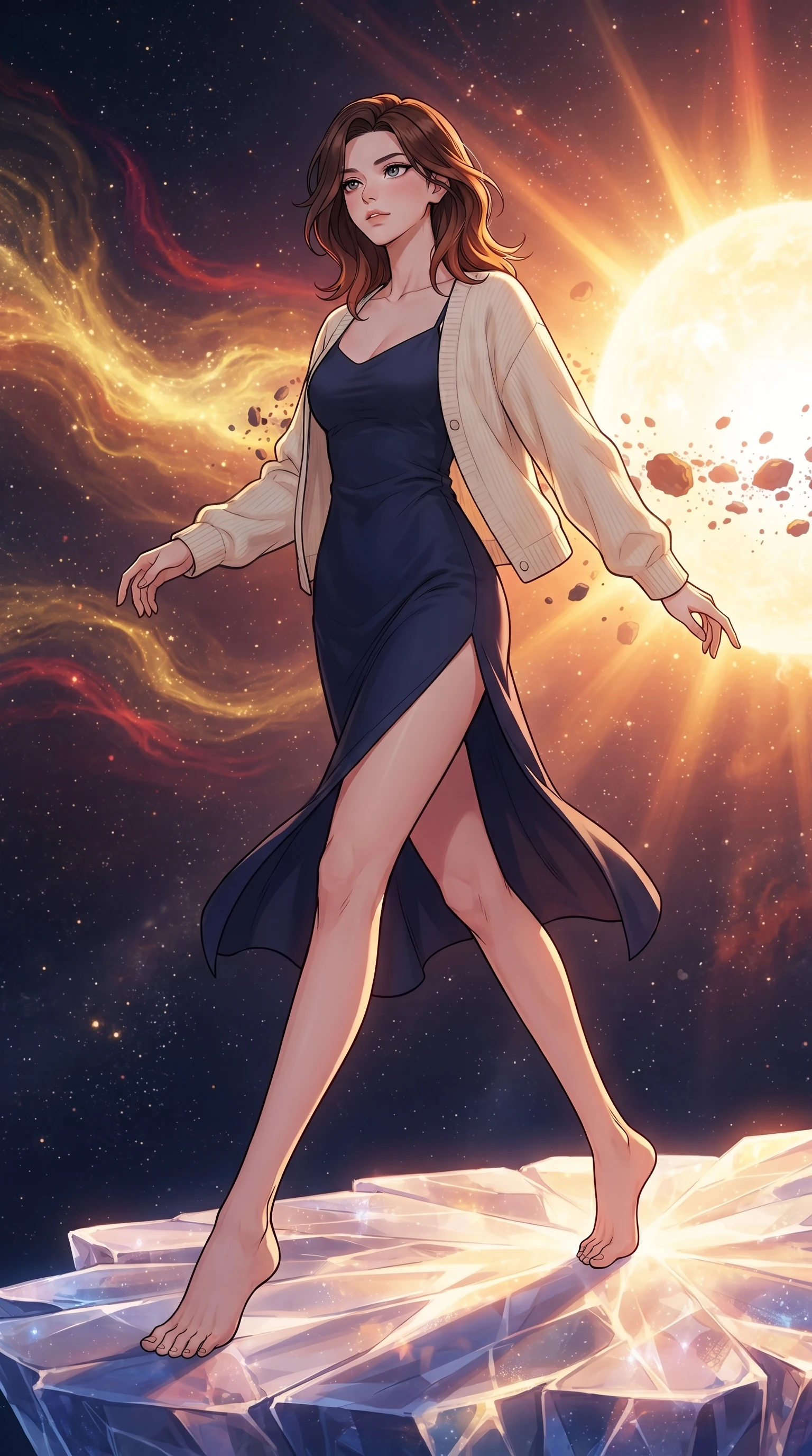 score_9, masterpiece, best quality, ultra-detailed, high-budget anime keyframe, gorgeous anime illustration, with clean line-art and distinct ink outlines, Korean woman. low angle full-body shot from head to toe showing her feet, filling the entire 9:16 vertical frame with her statuesque presence, stretching her vertical silhouette. navigating with fluid motion through on a platform made of solid crystallized light floating at the edge of a dying star, waves of gold and crimson stellar fire rippling through the void, cosmic debris orbiting the blinding core. She has a statuesque 8.5-heads proportion, an exceptionally tall, slender and willowy model-like build with impossibly long legs and a highly sculpted ultra-slim waist. sharp v-shaped jawline, high-bridge nose, intricate jewel-like eyes with depth, thick eyelashes, glossy lips with a natural sheen. wearing a deep navy slip dress with a high side thigh slit, layered under a soft cream knit cardigan. intense, dramatic warm golden-orange key light from the supernova flare contrasted with deep blue-violet space shadows. 2k, ultra detail, master piece, 9:16 ratio, vibrant anime color palette, detailed cel-shading with soft gradients, rich contrast, dynamic lighting, 2d animation style