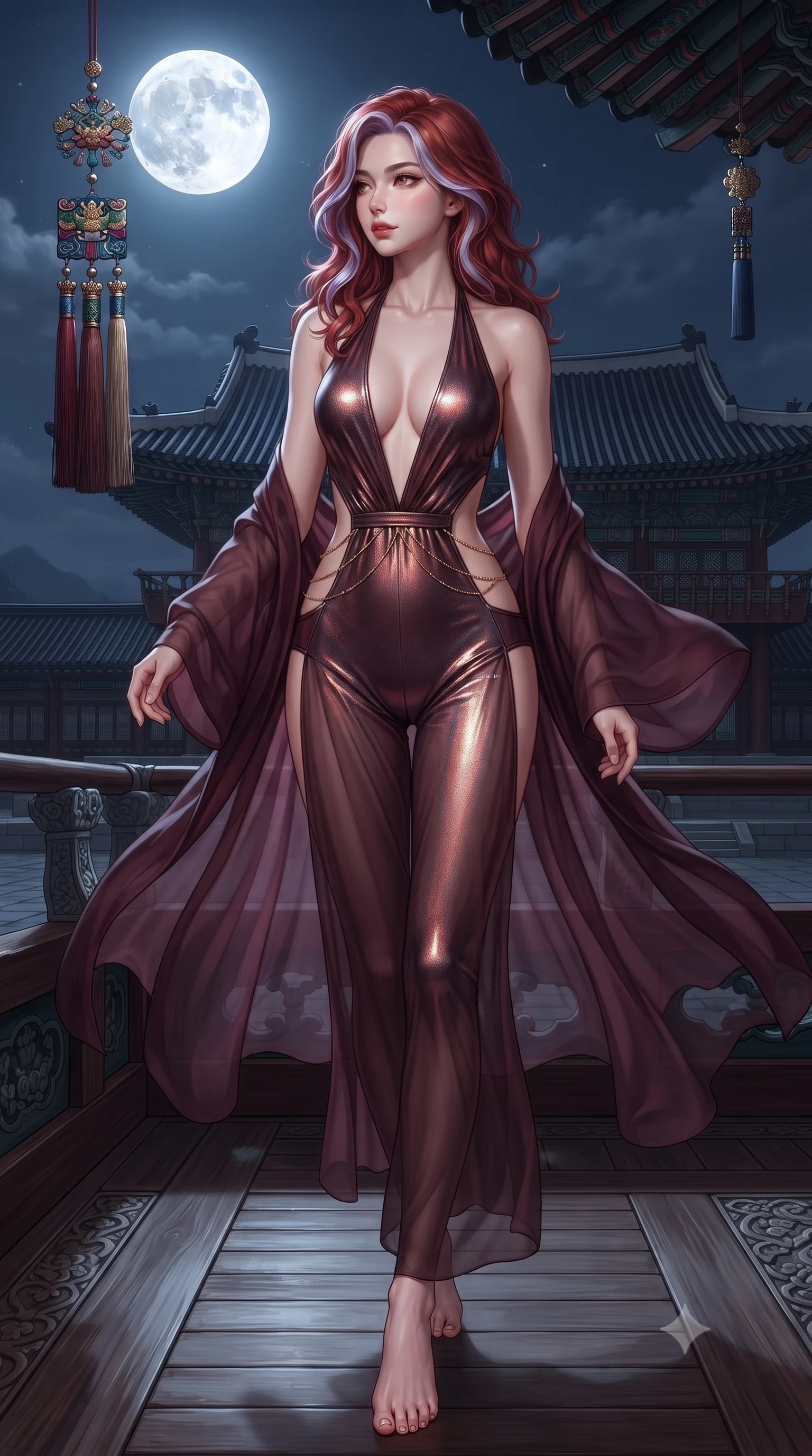 score_9, masterpiece, best quality, ultra-detailed, high-budget anime keyframe, editorial fashion photography, tasteful artistic composition, Caucasian woman. low angle full-body shot from head to toe showing her feet, filling the entire 9:16 vertical frame with her statuesque presence, stretching her vertical silhouette. walking along the moonlit terrace with poise, looking back over her bare shoulder with an irresistible smoldering bedroom-gaze while twisting her slender torso in an alluring contrapposto stance, cool night breezes fluttering her sheer silk robe around her narrow waist and curvy hips. The surrounding environment is rendered in vivid detail and crisp panoramic clarity: detailed embroidered silk norigae weave, moonlight glints on skin, and historic royal pavilion architecture in razor-sharp precision. She has an absolutely perfect, statuesque 8.5-heads proportion, an exceptionally tall and slender model-like female figure with impossibly long slender legs, an ultra-slim waist, a flat toned midriff, narrow delicate ribcage, and beautifully sculpted feminine hips creating a graceful, slim hourglass silhouette without any bulky heaviness. sharp v-shaped jawline, high-bridge nose, sparkling eyes with hypnotic seductive depth, thick curled eyelashes, glossy parted lips with a natural dewy peach sheen, alluring bedroom-eyes with an enchanting coquettish smile, exuding magnetic siren charisma and sophisticated glamour, flawlessly proportioned anatomical accuracy, strict slender model proportions, natural body alignment, perfectly sculpted long slender limbs, ultra-slim waistline, clean dynamic posture without body distortion. wearing a liquid metallic lamé plunge halterneck jumpsuit clinging like a second skin with high-cut side hip cutouts in smoky bordeaux wine and gilded bronze, made of sheer gossamer chiffon that drapes softly against skin with airy translucence, finished with a dainty gold belly chain resting across her flat midriff and curving hips, the form-contouring silhouette accentuating her sculpted flat midriff, narrow delicate ribcage, and gracefully curvy hips with intoxicating allure. bathed in pure silver moonlight cascading directly from the harvest full moon above. ultra-reflective glossy finish, specular highlights, rich textural contrasts, high-contrast stereoscopic depth, volumetric dynamic lighting, 2k, ultra detail, master piece, 9:16 ratio