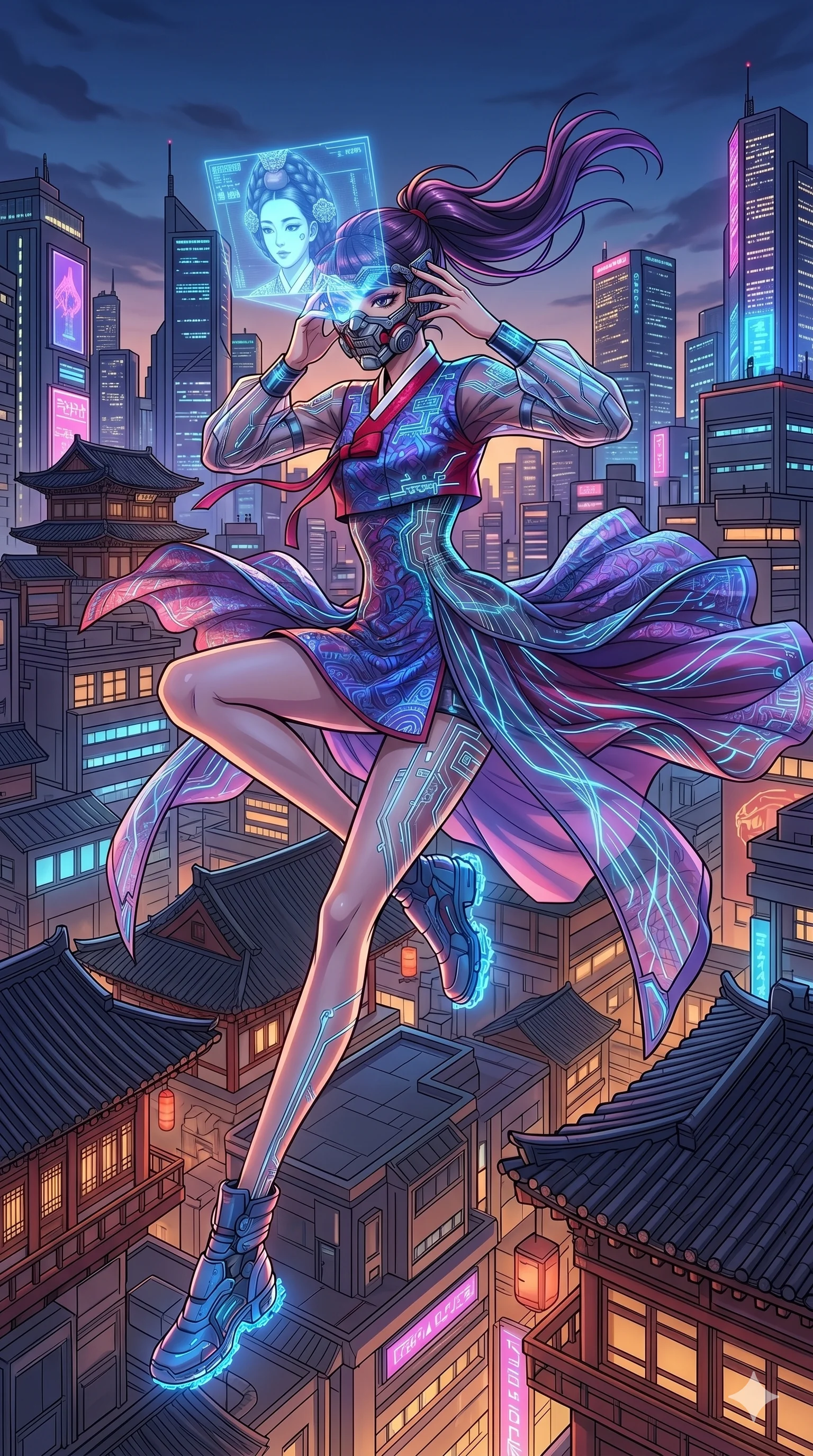 score_9, masterpiece, best quality, ultra-detailed, high-budget anime movie keyframe, cinematic anime lighting, intricate line art, Korean woman. Dynamic full-body shot stretching the vertical silhouette with extreme perspective. adjusting a mechanical mask that projects a different face. She has an absolutely perfect 8-heads proportion, an exceptionally tall and slender female figure with graceful and slender proportions. strictly human anatomy, two legs only, no extra limbs, clearly defined legs and arms, perfect anatomy, perfect hands and fingers. sharp v-shaped jawline, high-bridge nose, intricate jewel-like eyes, thick eyelashes, glossy lips. Wearing Modern Traditional: Shortened cyber-hanbok with fusion silk robes and transparent panels. The scene is illuminated by dramatic atmospheric lighting and vibrant color palettes. , 2k, ultra detail, master piece, 9:16 ratio