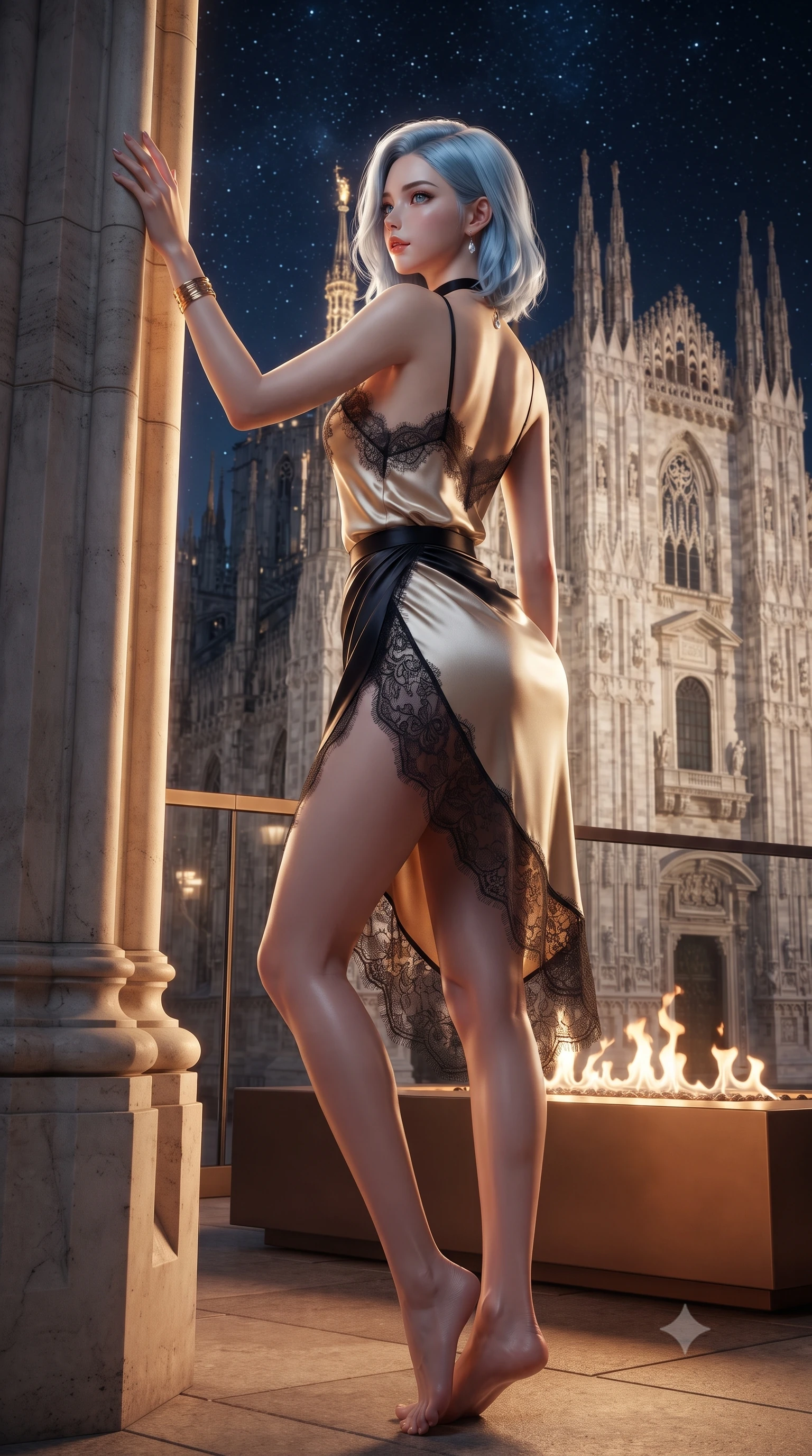 score_9, masterpiece, best quality, ultra-detailed, high-budget anime keyframe, editorial fashion photography, tasteful artistic composition, Korean woman. low angle full-body shot from head to toe showing her feet, filling the entire 9:16 vertical frame with her statuesque presence, stretching her vertical silhouette. standing tall beside the architectural column, one hand resting high while arching her lower back to emphasize her sculpted feminine hips and slender waist while leaning against the bronze terrace parapet with hips cocked back, looking over a bare shoulder toward the glowing Gothic marble cathedral. The surrounding environment is rendered in vivid detail and crisp panoramic clarity: detailed form-fitting liquid jersey gown tailoring, gold cuff bracelet shine, and bespoke Italian design in razor-sharp precision. She has an absolutely perfect, statuesque 8.5-heads proportion, an exceptionally tall and slender model-like female figure with impossibly long slender legs, an ultra-slim waist, a flat toned midriff, narrow delicate ribcage, and beautifully sculpted feminine hips creating a graceful, slim hourglass silhouette without any bulky heaviness. sharp v-shaped jawline, high-bridge nose, sparkling eyes with hypnotic seductive depth, thick curled eyelashes, glossy parted lips with a natural dewy peach sheen, alluring bedroom-eyes with an enchanting coquettish smile, exuding magnetic siren charisma and sophisticated glamour, flawlessly proportioned anatomical accuracy, strict slender model proportions, natural body alignment, perfectly sculpted long slender limbs, ultra-slim waistline, clean dynamic posture without body distortion. wearing a delicate lace-trimmed silk camisole paired with a draped satin wrap sarong mini skirt with high side slit in midnight obsidian black and liquid champagne gold, made of delicate semi-sheer French Chantilly lace with intricate eyelash edges, finished with a thin velvet ribbon choker and a single teardrop diamond pendant, the glove-like clinging cut tightly following the natural contour of her hips and long slender legs with youthful 8.5-heads elegance. bathed in the warm dancing glow of the bronze fire table paired with cool starlight and Duomo floodlights. ultra-reflective glossy finish, specular highlights, rich textural contrasts, high-contrast stereoscopic depth, volumetric dynamic lighting, 2k, ultra detail, master piece, 9:16 ratio