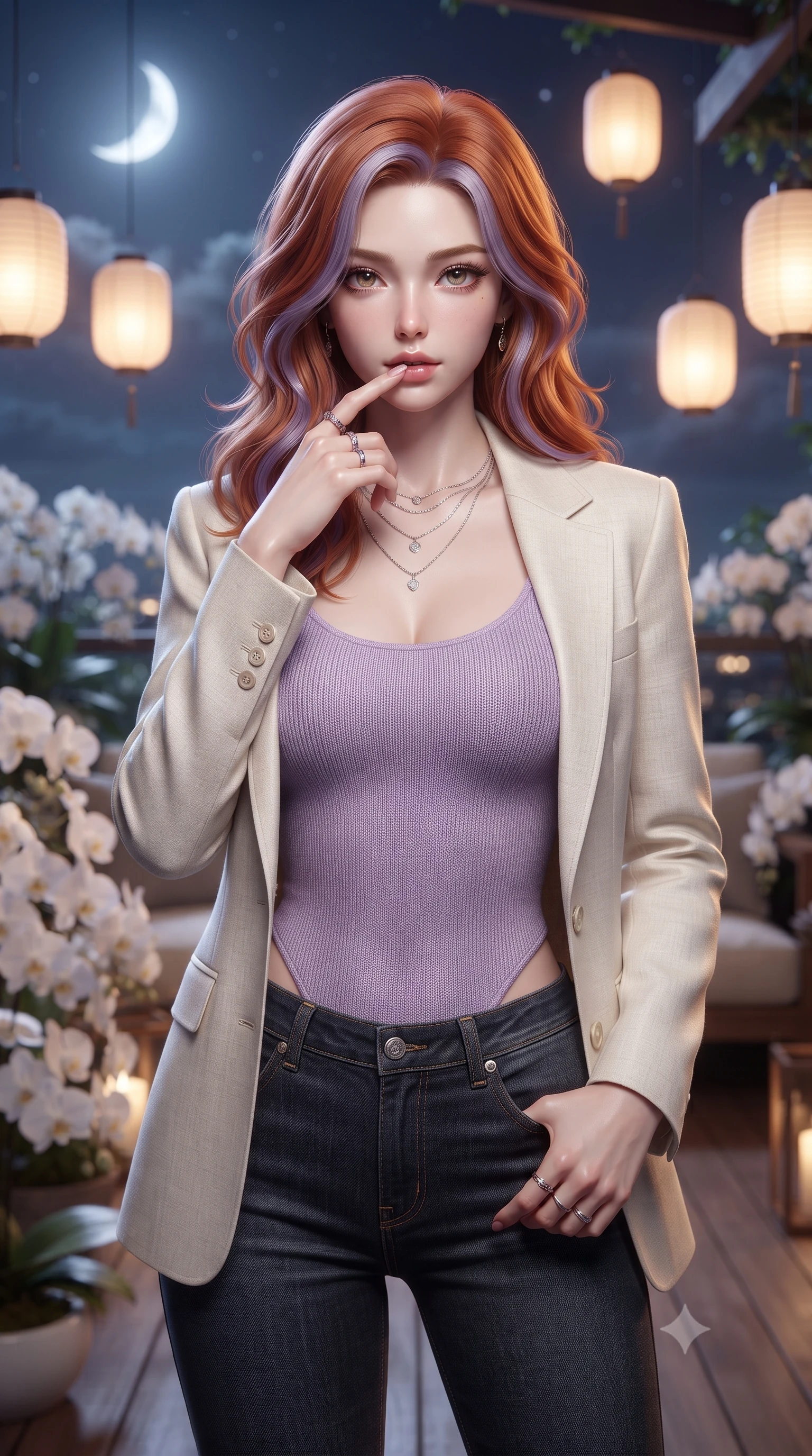 score_9, masterpiece, best quality, ultra-detailed, high-budget anime keyframe, editorial fashion photography, tasteful artistic composition, Caucasian woman. close-up cowboy shot from the waist and thighs up, the character dominates the composition, filling the frame with her large presence, background elements kept in soft focus. pressing one finger to her bottom lip in a thoughtful, seductive gesture under the warm sun the background shows a soft-focus a secluded rooftop garden deck surrounded by white orchids under a crescent moon. She has an exceptionally elegant, slender, and willowy female figure with an ultra-slim waist, a gracefully sculpted slender torso, and a refined silhouette. sharp v-shaped jawline, high-bridge nose, intricate jewel-like eyes with depth, thick eyelashes, glossy lips with a natural sheen. wearing a form-contouring tight-fitting lavender knit bodysuit worn under a tailored open blazer and jeans. cool silver moonlight contrasting with the warm light of hanging paper lanterns. ultra-reflective glossy finish, specular highlights, metallic sheen, high-contrast stereoscopic depth, volumetric dynamic lighting, 2k, ultra detail, master piece, 9:16 ratio