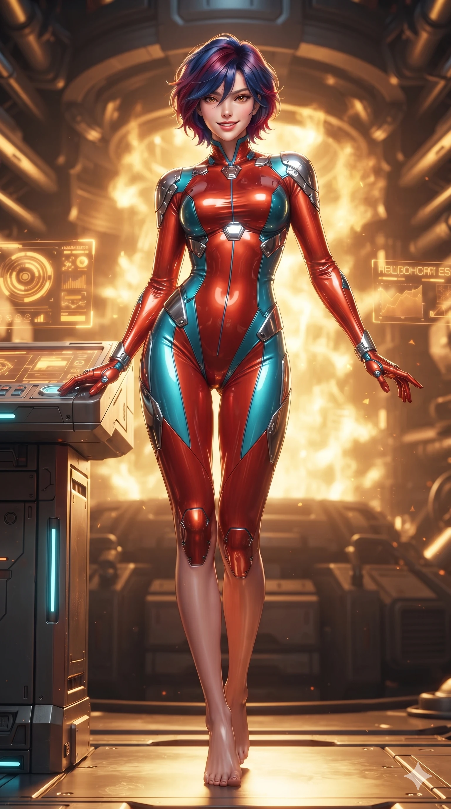 score_9, masterpiece, best quality, ultra-detailed, high-budget anime keyframe, editorial fashion photography, tasteful artistic composition, Korean woman. low angle full-body shot from head to toe showing her feet, filling the entire 9:16 vertical frame with her statuesque presence, stretching her vertical silhouette. stepping slowly toward the camera with hypnotic grace, hips swaying in an alluring sensual rhythm that accentuates her curvy hourglass silhouette and long slender legs while leaning against the glowing diagnostic terminal console with hips cocked back, gazing through shimmering amber heat haze with intoxicating bedroom-eyes. The surrounding environment is rendered in vivid detail and crisp panoramic clarity: sharp magnetic solenoid coil bevels, high-pressure steam valve actuators, and crisp holographic telemetry glyphs in deep focus. She has an absolutely perfect, statuesque 8.5-heads proportion, an exceptionally tall and slender model-like female figure with impossibly long slender legs, an ultra-slim waist, a flat toned midriff, narrow delicate ribcage, and beautifully sculpted feminine hips creating a graceful, slim hourglass silhouette without any bulky heaviness. sharp v-shaped jawline, high-bridge nose, intricate jewel-like sparkling eyes with depth, thick eyelashes, glossy parted lips with a natural sheen, bright confident smile with an enchanting and coquettish sensual glint, exuding both youthful magnetic charm and sovereign high-tech allure, flawlessly proportioned anatomical accuracy, strict slender model proportions, natural body alignment, perfectly sculpted long slender limbs, ultra-slim waistline, clean dynamic posture without body distortion. wearing a sculpted liquid vinyl second-skin bodycon suit hugging every curve of her feminine hips with metallic luster in cyber-shinto vermilion and laser turquoise, woven from buttery-soft stretch lambskin leather adhering to her body like a second skin, accented with strategically placed chrome armor plate guards covering key curves, the impeccably tailored cut draping gracefully along her slender figure with aristocratic poise. bathed in the blinding warm golden radiance of the magnetic fusion core with dynamic volumetric heat shimmers. ultra-reflective glossy finish, specular highlights, rich textural contrasts, high-contrast stereoscopic depth, volumetric dynamic lighting, 2k, ultra detail, master piece, 9:16 ratio