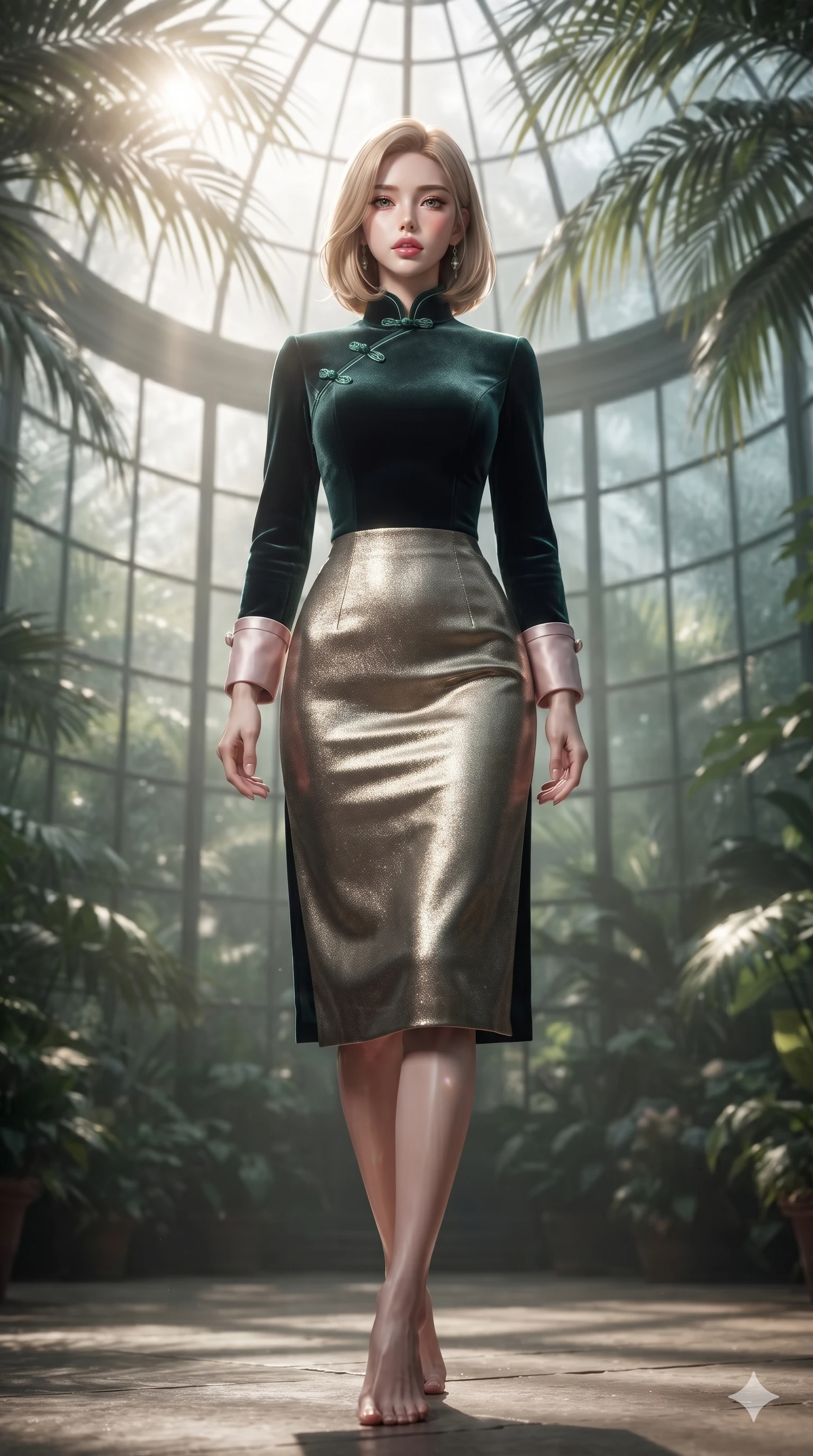 score_9, masterpiece, best quality, ultra-detailed, high-budget anime keyframe, editorial fashion photography, tasteful artistic composition, Korean woman. low angle full-body shot from head to toe showing her feet, filling the entire 9:16 vertical frame with her statuesque presence, stretching her vertical silhouette. stepping slowly toward the camera with hypnotic grace, hips swaying in an alluring sensual rhythm that accentuates her curvy hourglass silhouette and long slender legs while standing poised beneath the soaring curved glass dome as afternoon sunbeams lance through exotic palm fronds, arching her spine with ethereal siren poise. The background shows a soft-focus humid conservatory tropical mist softened in glass winter garden shallow focus. She has an exceptionally tall and slender model-like 8.5-heads proportion, an ultra-slim waist, a flat toned midriff, narrow delicate ribcage, and beautifully sculpted feminine hips creating a graceful, slim hourglass silhouette without any bulky heaviness, with impossibly long slender legs. sharp v-shaped jawline, high-bridge nose, intricate jewel-like sparkling eyes with depth, thick eyelashes, glossy parted lips with a natural sheen, intensely captivating and seductive bedroom-eyes expression, exuding both youthful cute charm and sovereign luxury allure, flawlessly proportioned anatomical accuracy, strict slender model proportions, natural body alignment, perfectly sculpted long slender limbs, ultra-slim waistline, clean dynamic posture without body distortion. wearing a tailored high-collar velvet evening coat dress with structural waist cinching and satin cuff accents in sakura blossom pink and warm ivory, crafted from luxurious metallic lamé that shifts radiance with every step, finished with sleek jade frog closures glinting along her high collar, the bespoke structured tailoring following the natural line of her 8.5-heads silhouette with refined elegance. bathed in the radiant, sun-drenched greenhouse light filtering through textured glass panes creating high-contrast dappled highlights. ultra-reflective glossy finish, specular highlights, rich textural contrasts, high-contrast stereoscopic depth, volumetric dynamic lighting, 2k, ultra detail, master piece, 9:16 ratio